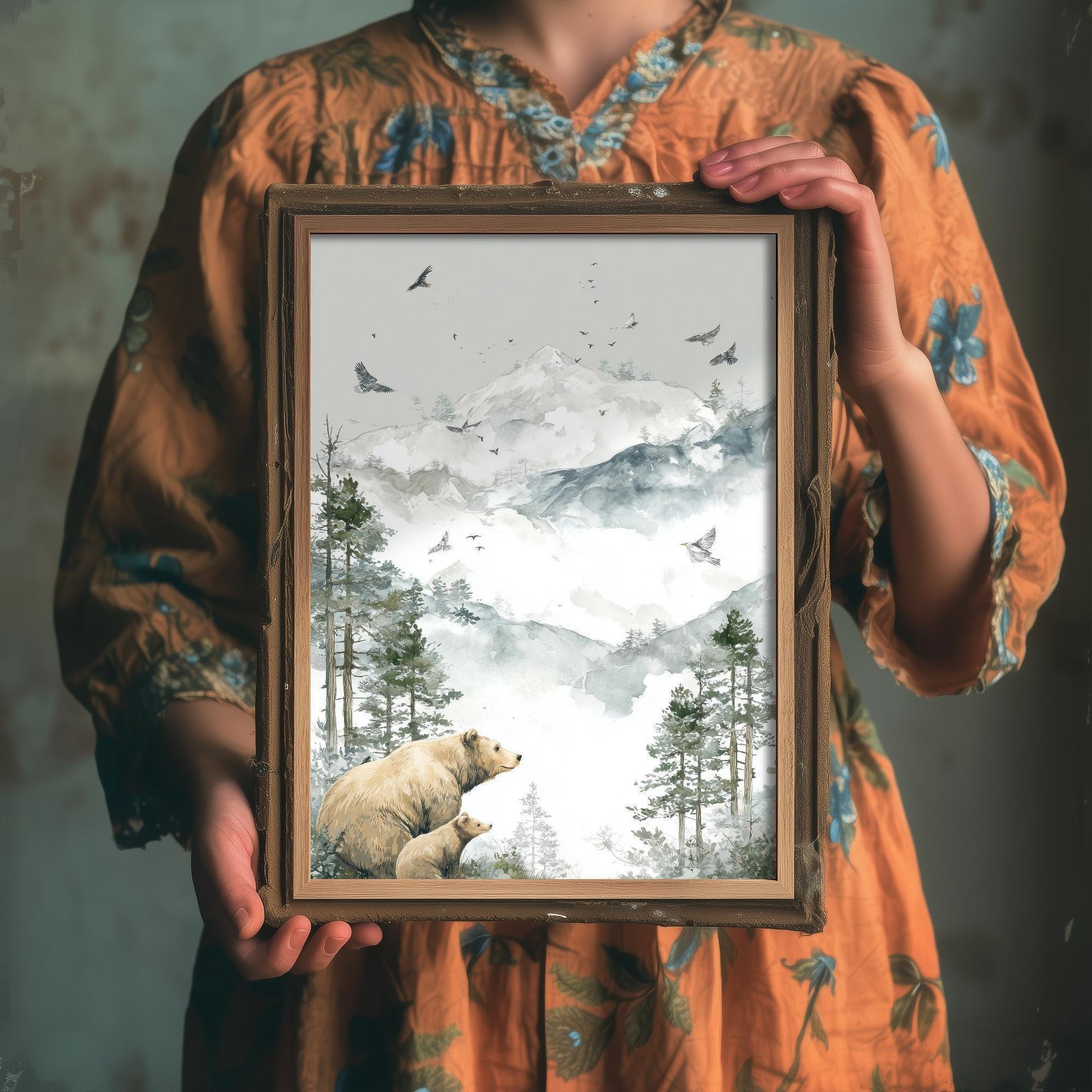 Bear and Bear Cub Snowy Art Print - White Mountain Animals Poster - Matterhorn Painting Illustration Gift