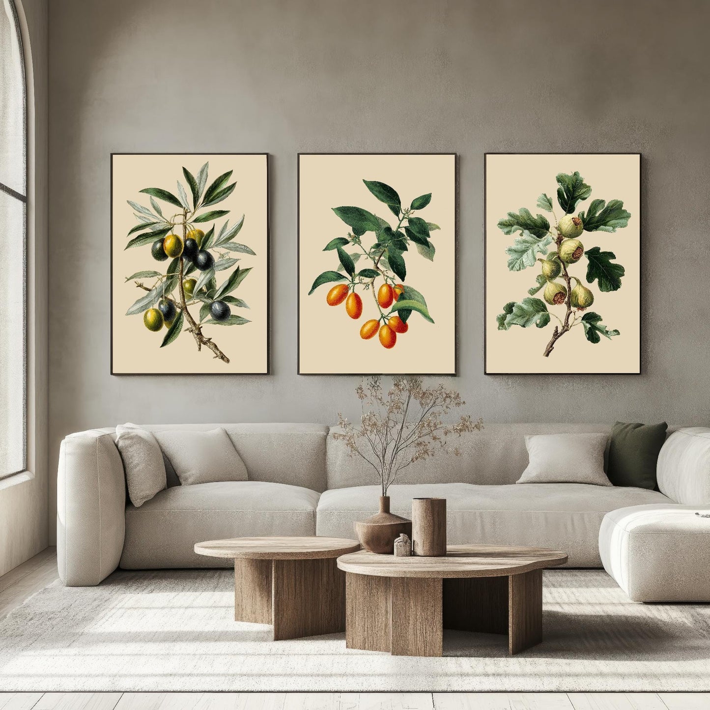 Set of Three Vintage Botanical Fruit Art Prints - 3 Paintings of Olives, Kumquats and Figs - Poster Cooking Kitchen