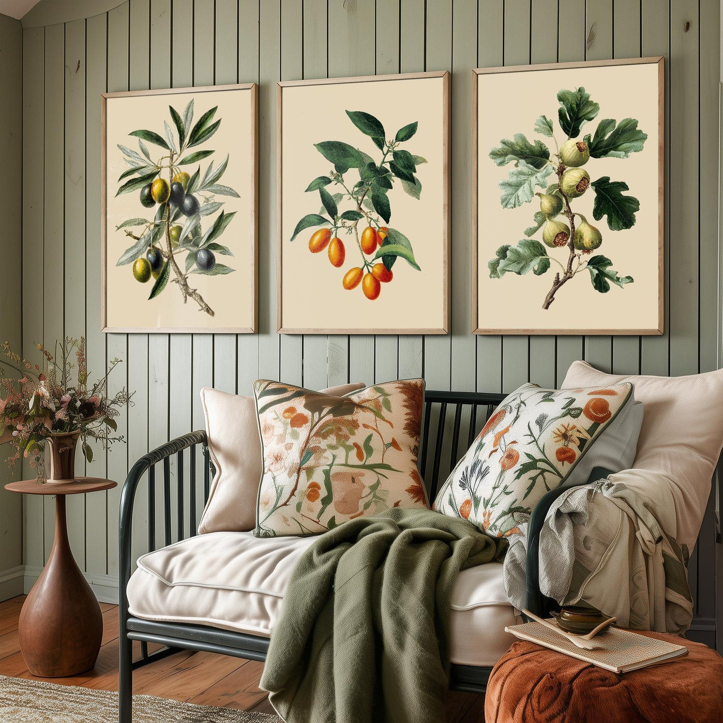Set of Three Vintage Botanical Fruit Art Prints - 3 Paintings of Olives, Kumquats and Figs - Poster Cooking Kitchen