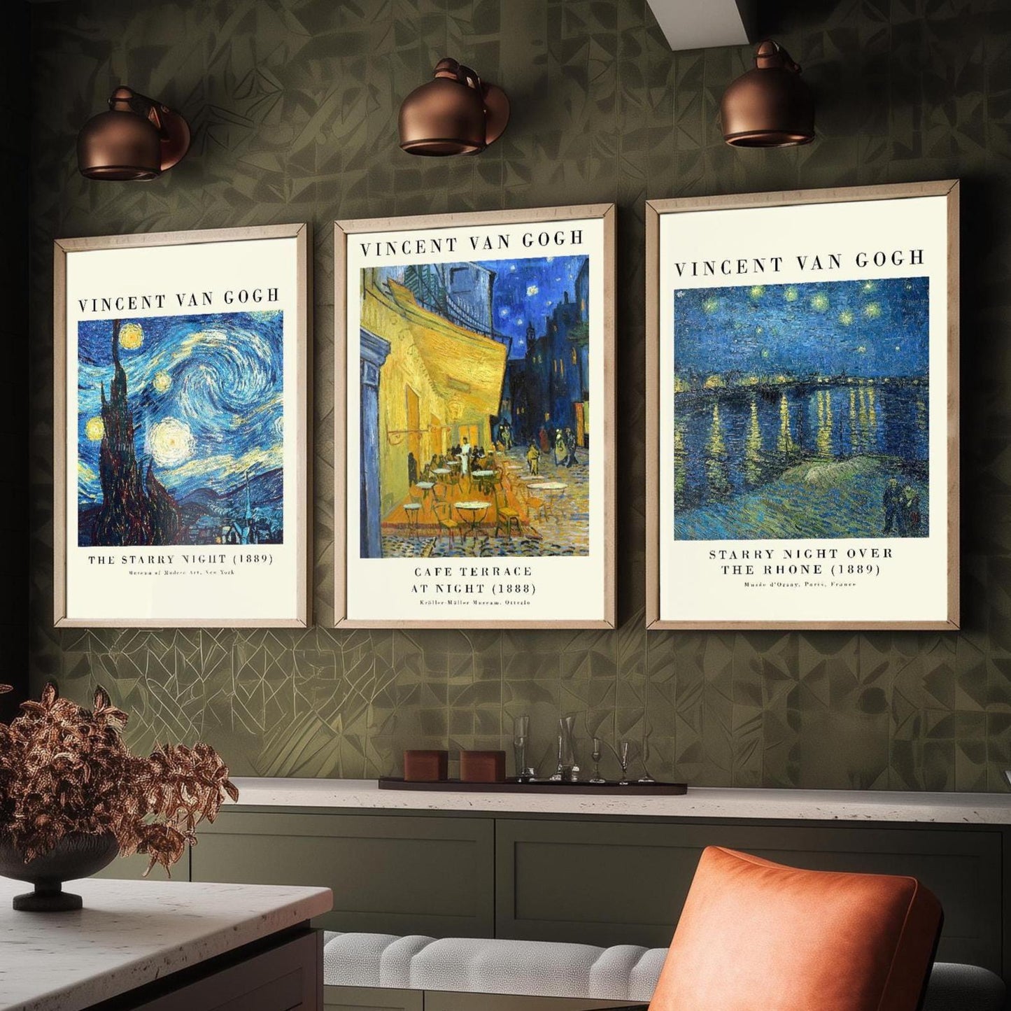 Set of Three Vincent Van Gogh Night Scene Prints - 3 Paintings Photo Poster Wall Art Gift Giclée Museum Starry Night Rhone Night Café