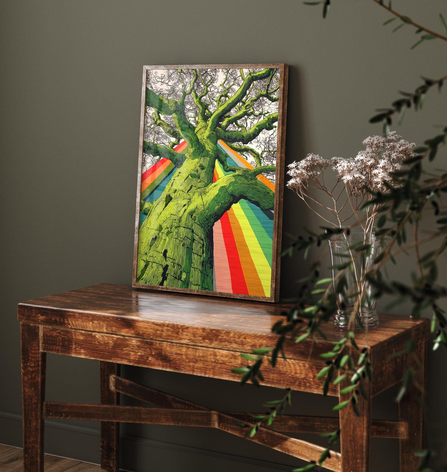 Organic Winding Tree Art Print V2 - Colourful Bright Vintage Poster - Forest Nature Abstract Rainbow Pink 1/3