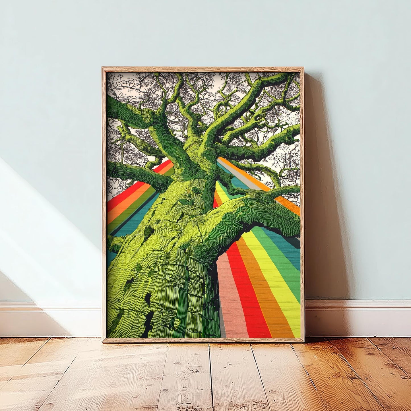 Organic Winding Tree Art Print V2 - Colourful Bright Vintage Poster - Forest Nature Abstract Rainbow Pink 1/3
