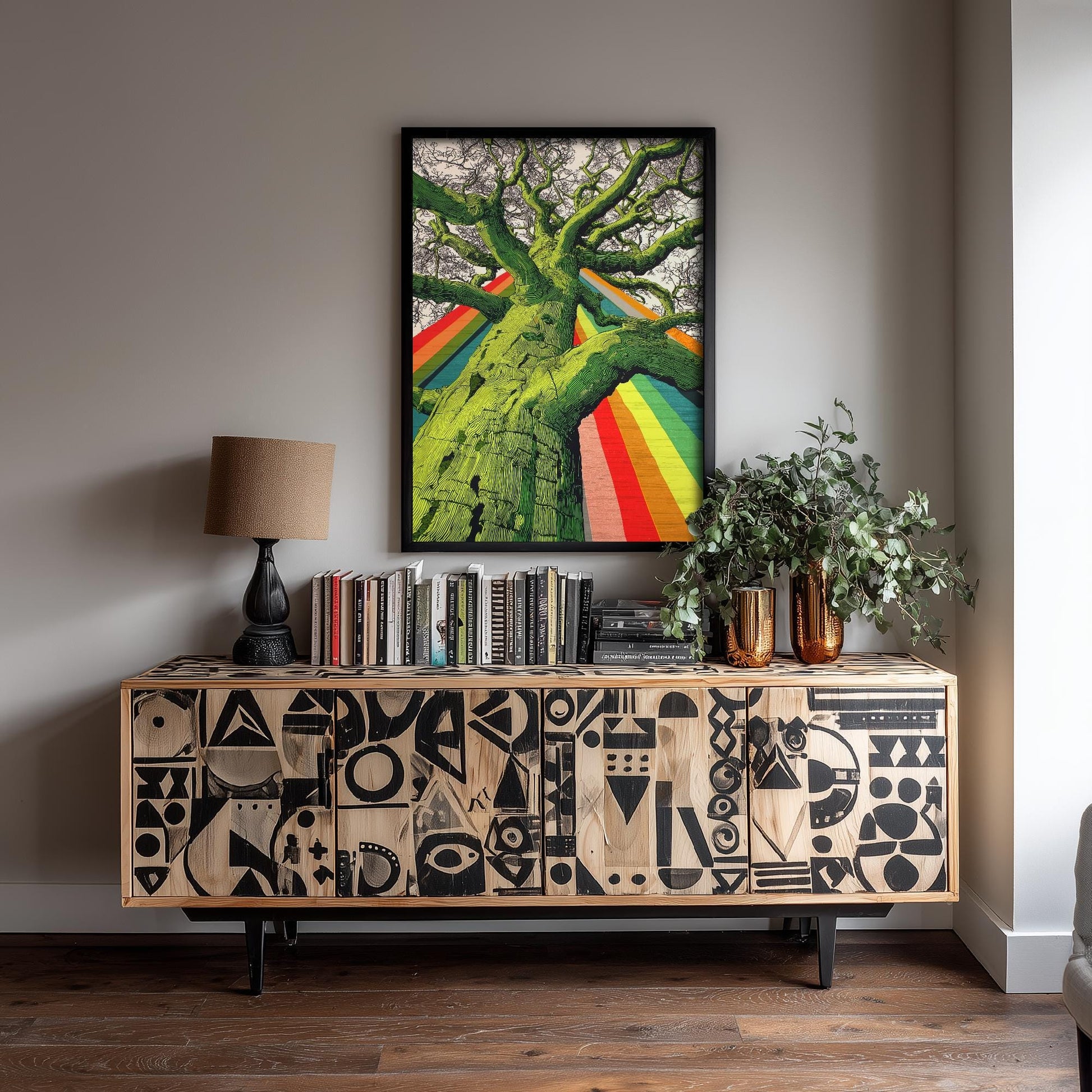 Organic Winding Tree Art Print V2 - Colourful Bright Vintage Poster - Forest Nature Abstract Rainbow Pink 1/3