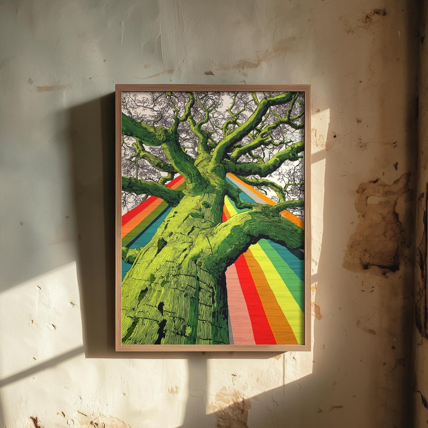 Organic Winding Tree Art Print V2 - Colourful Bright Vintage Poster - Forest Nature Abstract Rainbow Pink 1/3