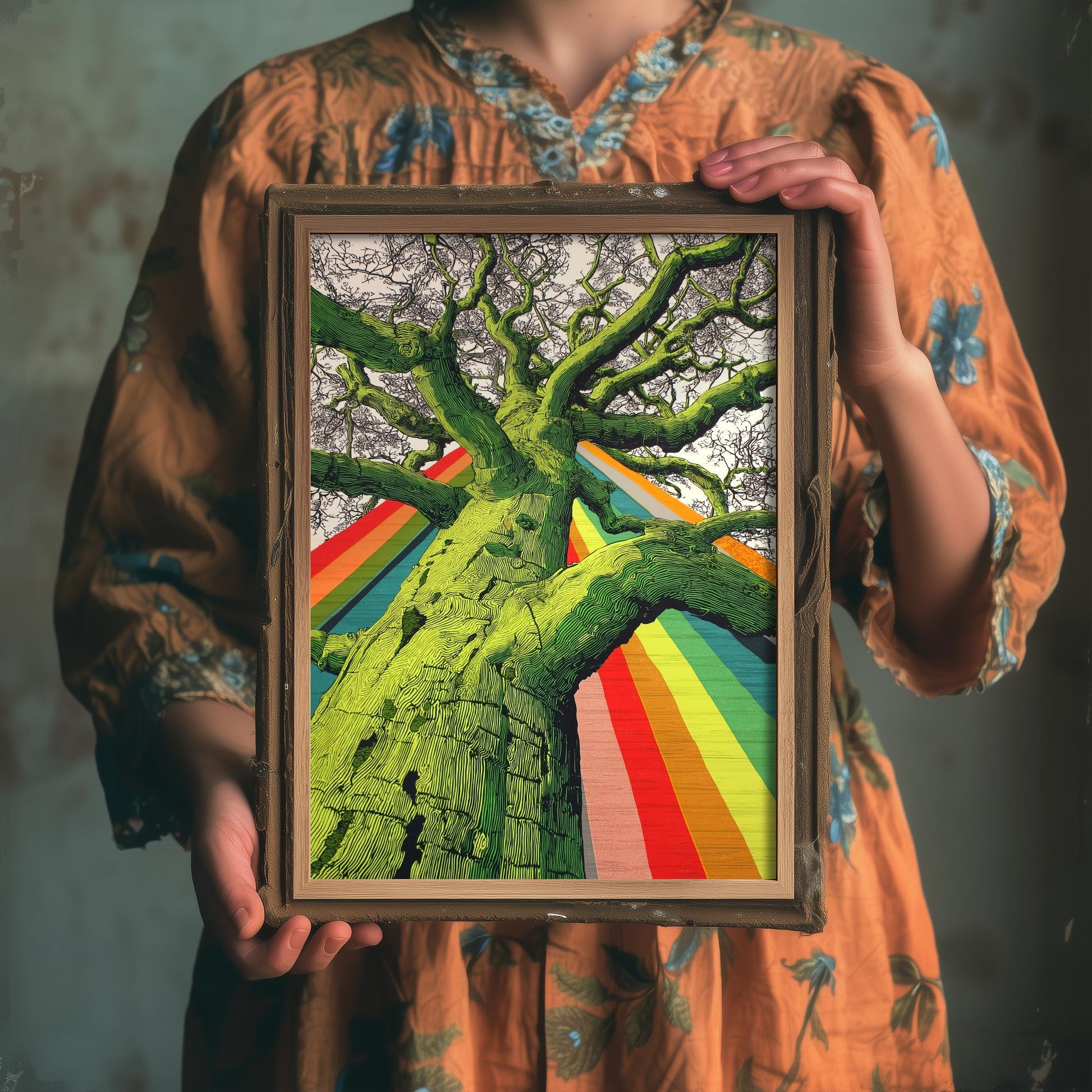 Organic Winding Tree Art Print V2 - Colourful Bright Vintage Poster - Forest Nature Abstract Rainbow Pink 1/3