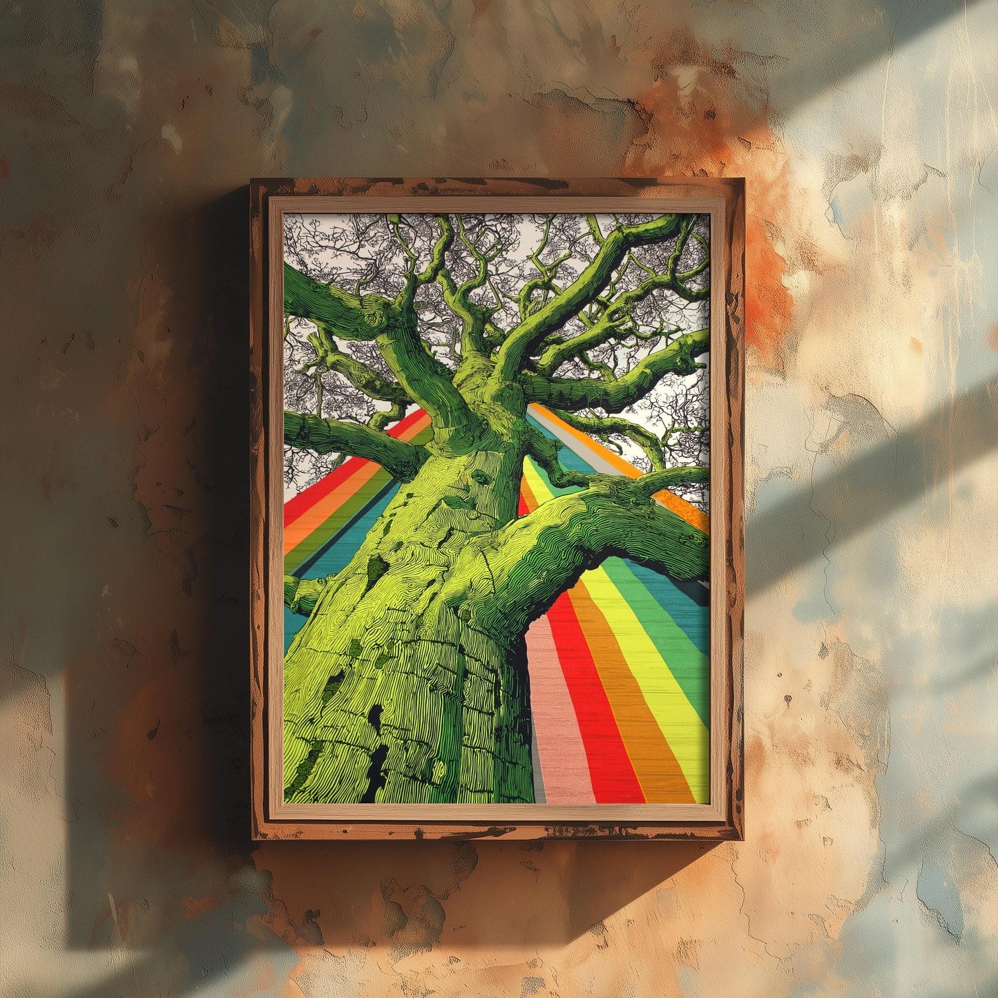 Organic Winding Tree Art Print V2 - Colourful Bright Vintage Poster - Forest Nature Abstract Rainbow Pink 1/3