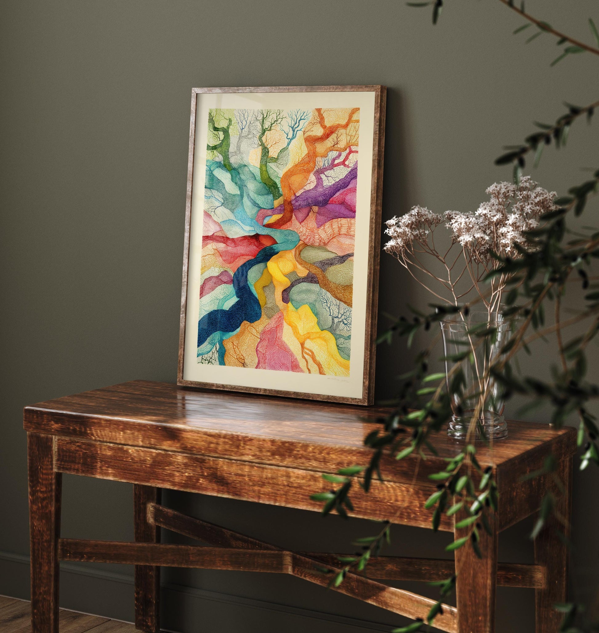 Organic Winding Tree Art Print V3 - Colourful Bright Vintage Poster - Forest Nature Abstract Rainbow Pink 3/3