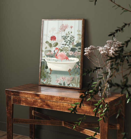 Flamingo in Ornate Bathtub Art Print - Water Animals Poster - Painting Illustration Turtle Gift