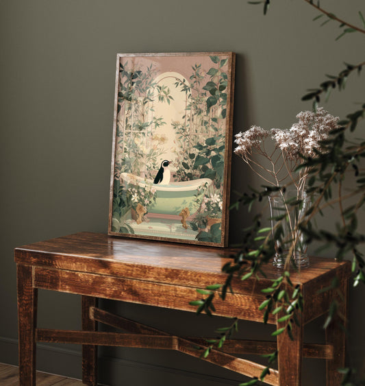 Penguin in Ornate Bathtub Art Print - Water Animals Poster - Painting Illustration Turtle Gift