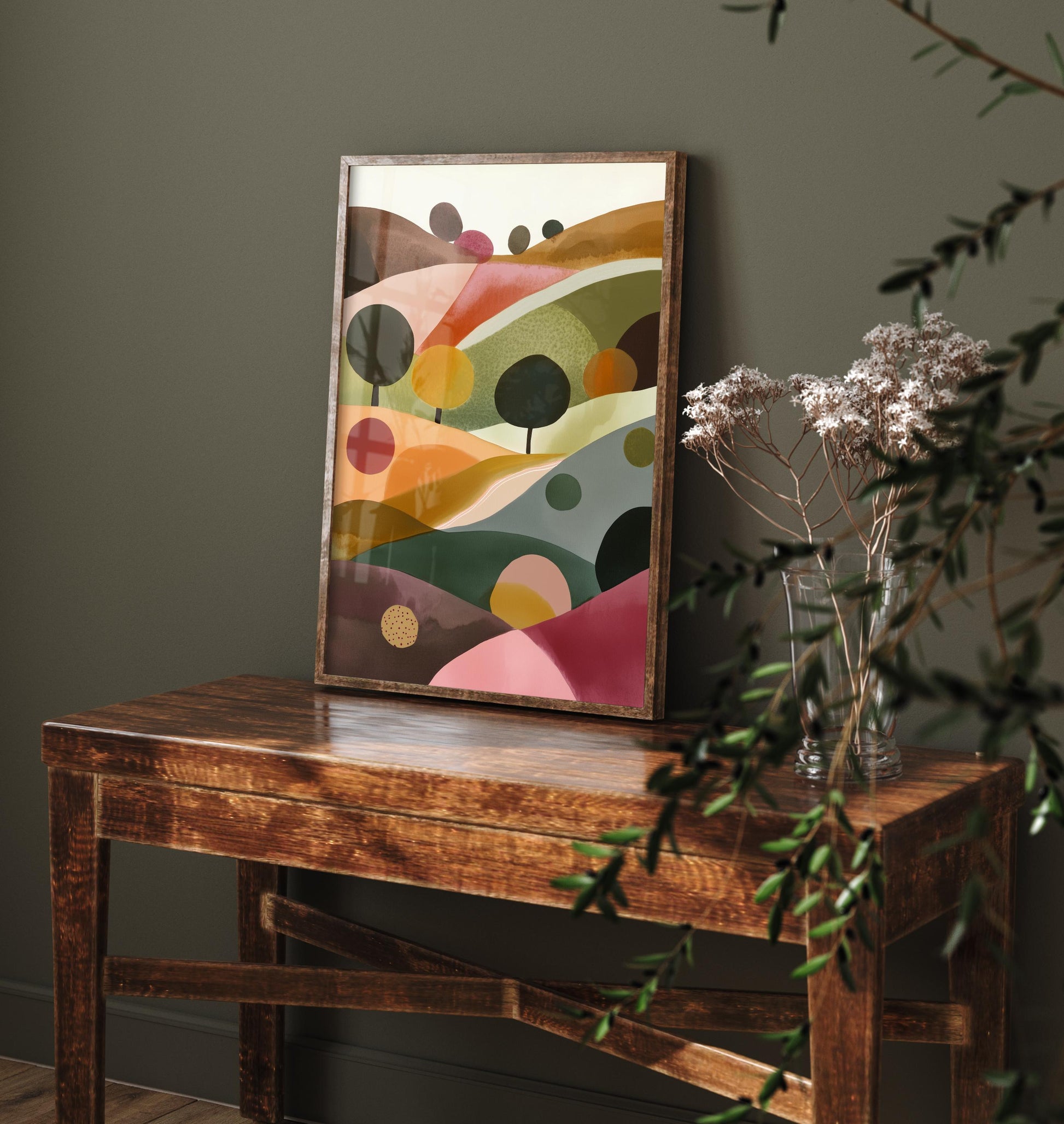 Landscape Illustration in Pink V2 - Abstract Print - The Cotswolds Hills Painting - Home Décor Wall Giclee 3/3