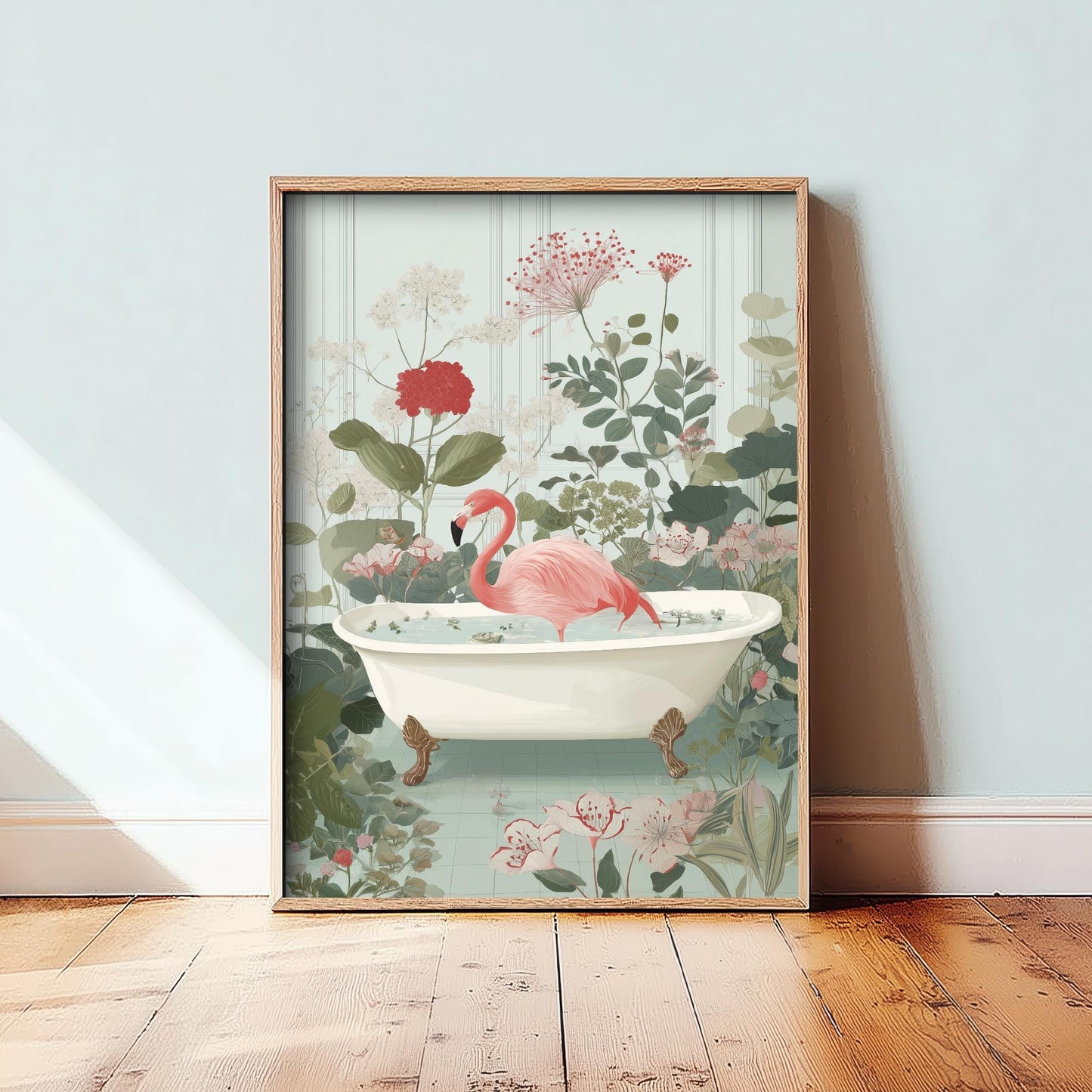 Flamingo in Ornate Bathtub Art Print - Water Animals Poster - Painting Illustration Turtle Gift