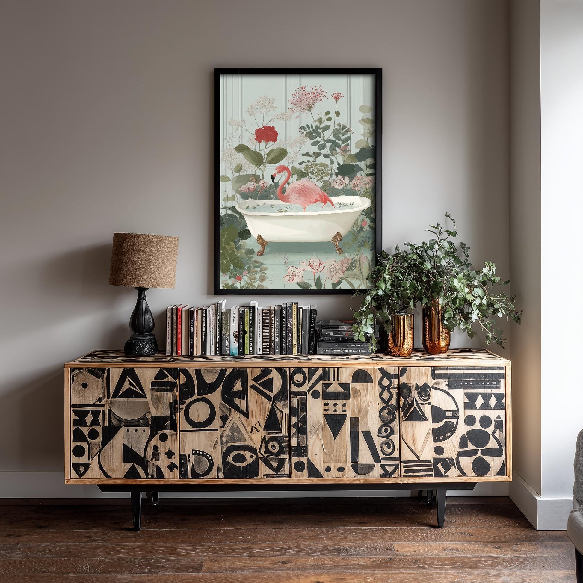 Flamingo in Ornate Bathtub Art Print - Water Animals Poster - Painting Illustration Turtle Gift