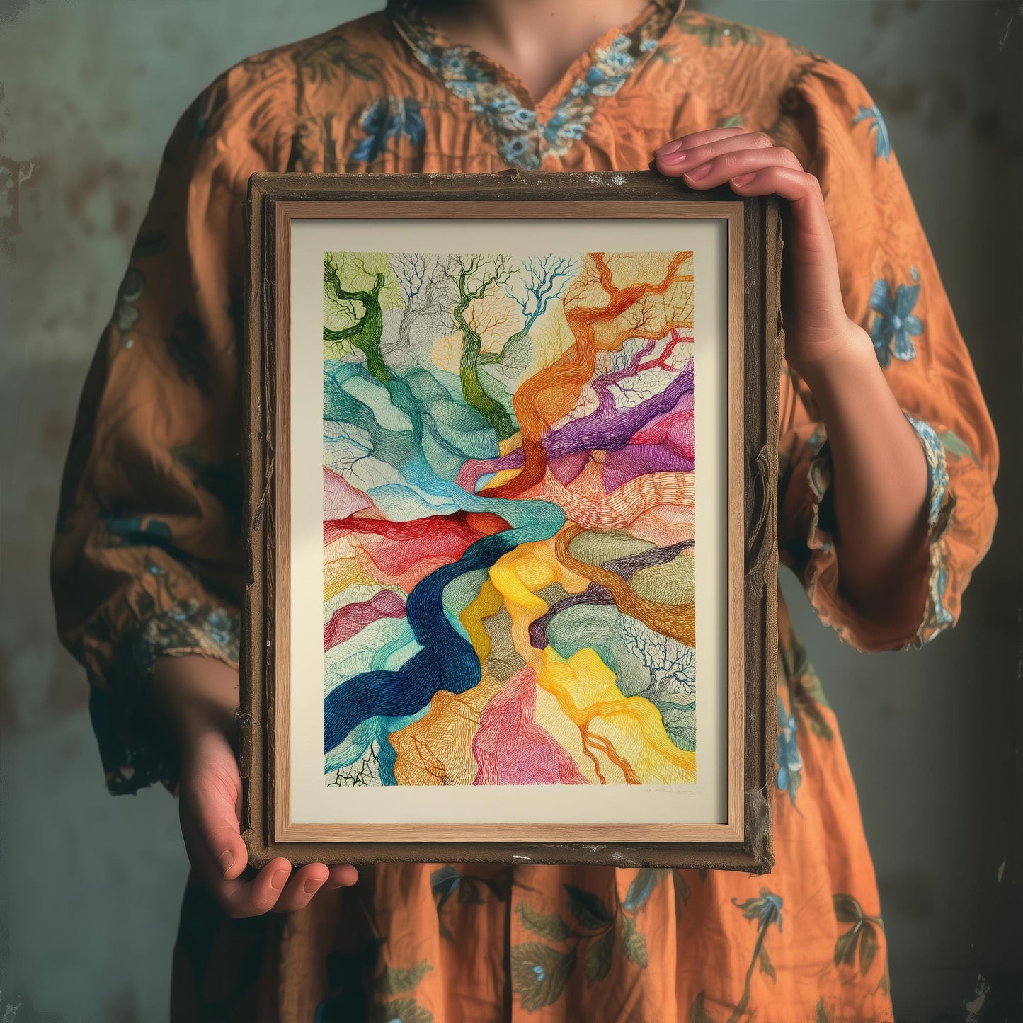 Organic Winding Tree Art Print V3 - Colourful Bright Vintage Poster - Forest Nature Abstract Rainbow Pink 3/3