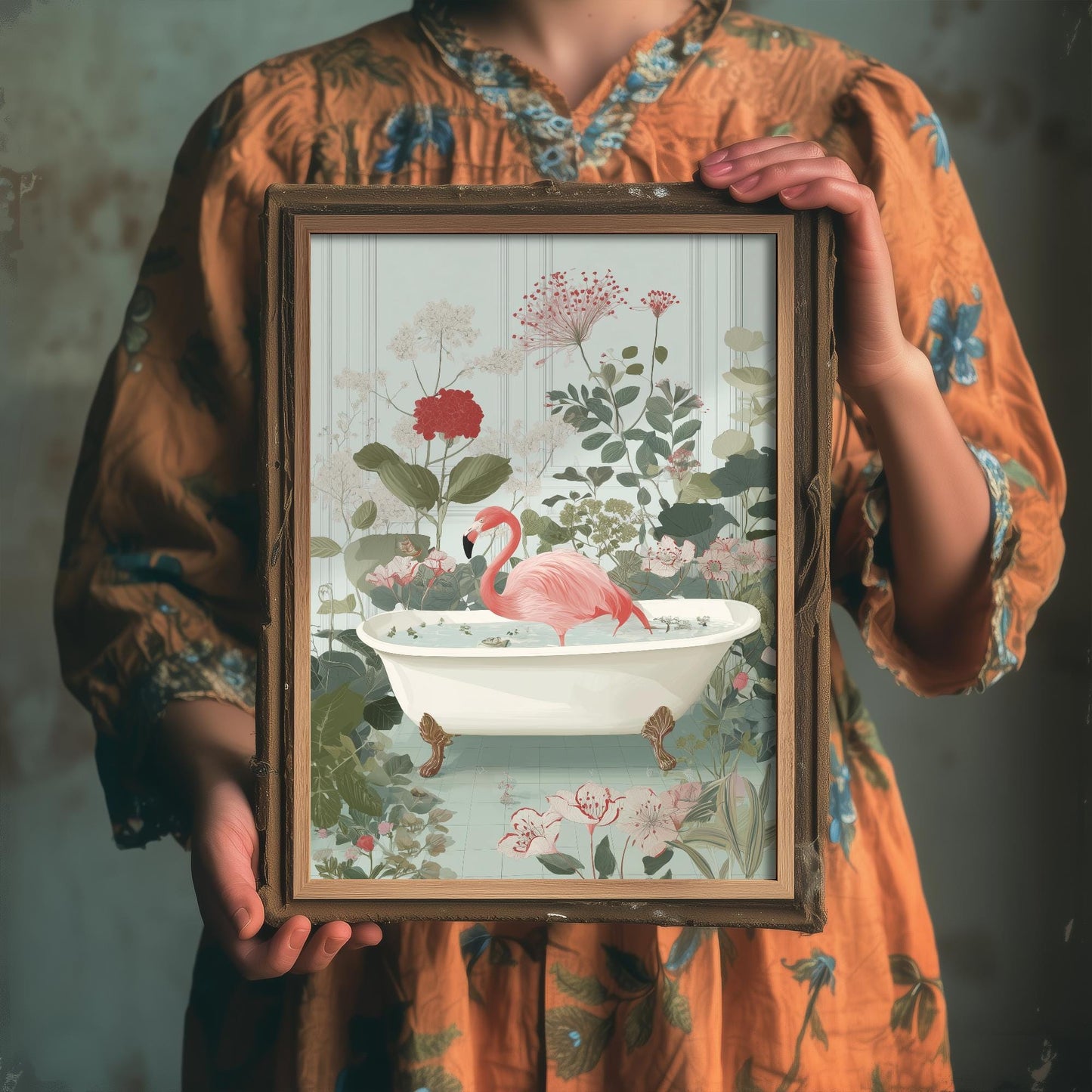 Flamingo in Ornate Bathtub Art Print - Water Animals Poster - Painting Illustration Turtle Gift