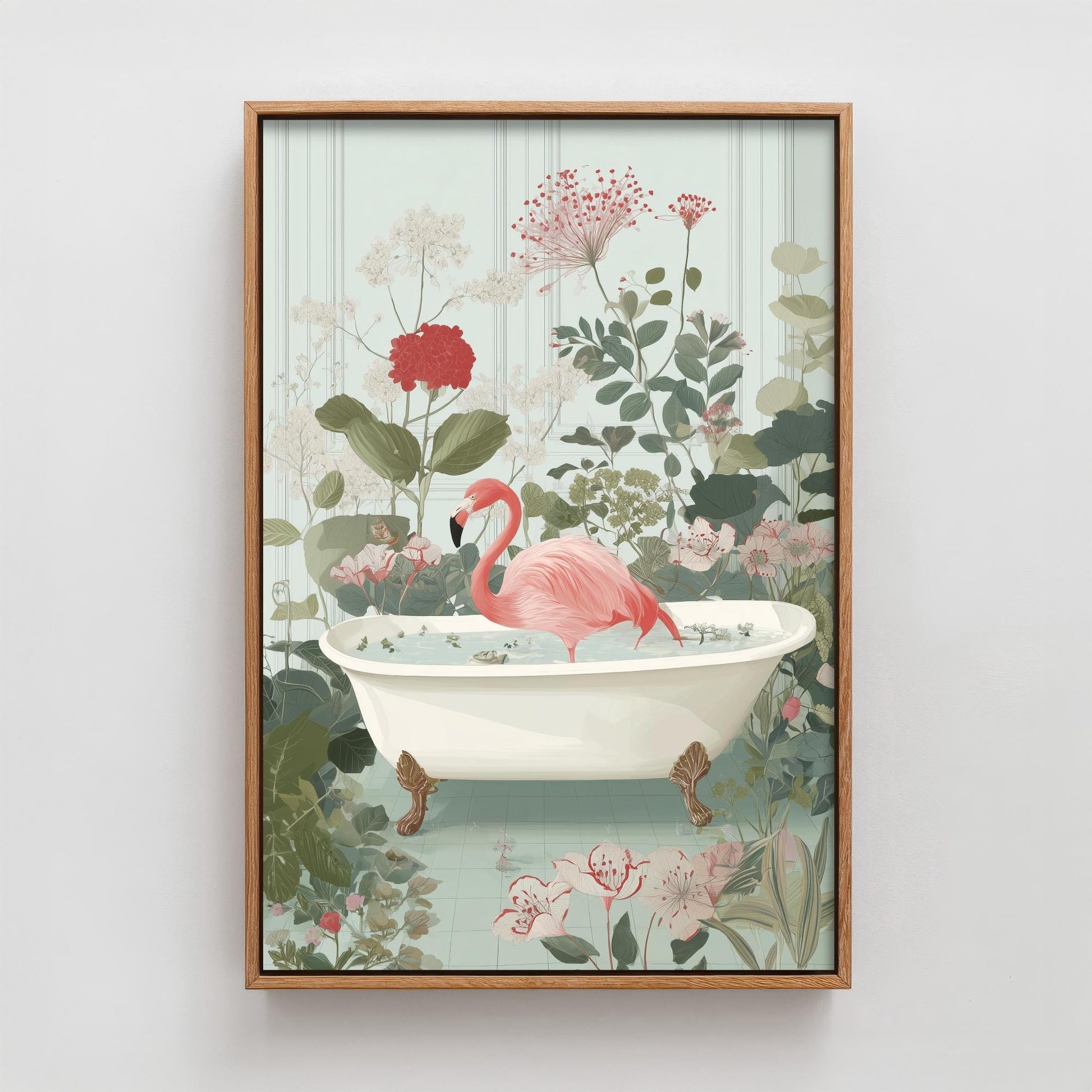 Flamingo in Ornate Bathtub Art Print - Water Animals Poster - Painting Illustration Turtle Gift
