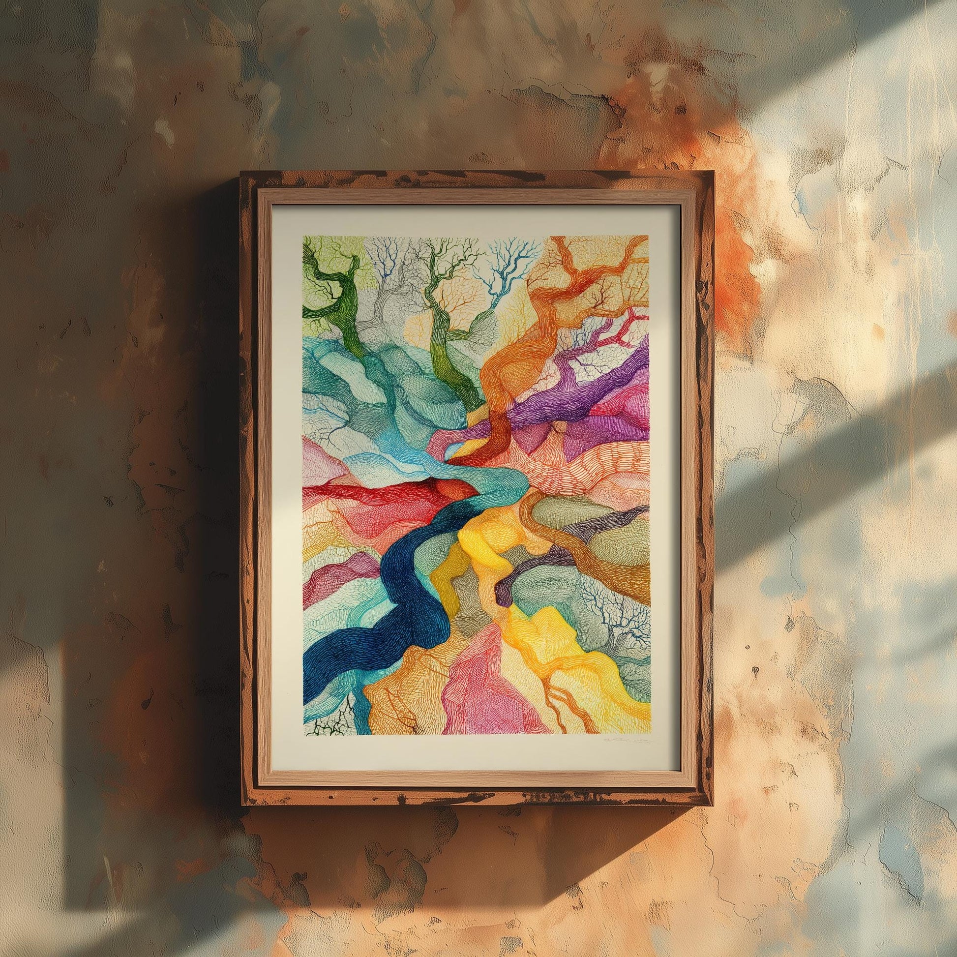 Organic Winding Tree Art Print V3 - Colourful Bright Vintage Poster - Forest Nature Abstract Rainbow Pink 3/3