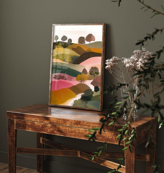 Landscape Illustration in Pink V4 - Abstract Print - Shropshire Hills Painting - Home Décor Wall Giclee 3/3
