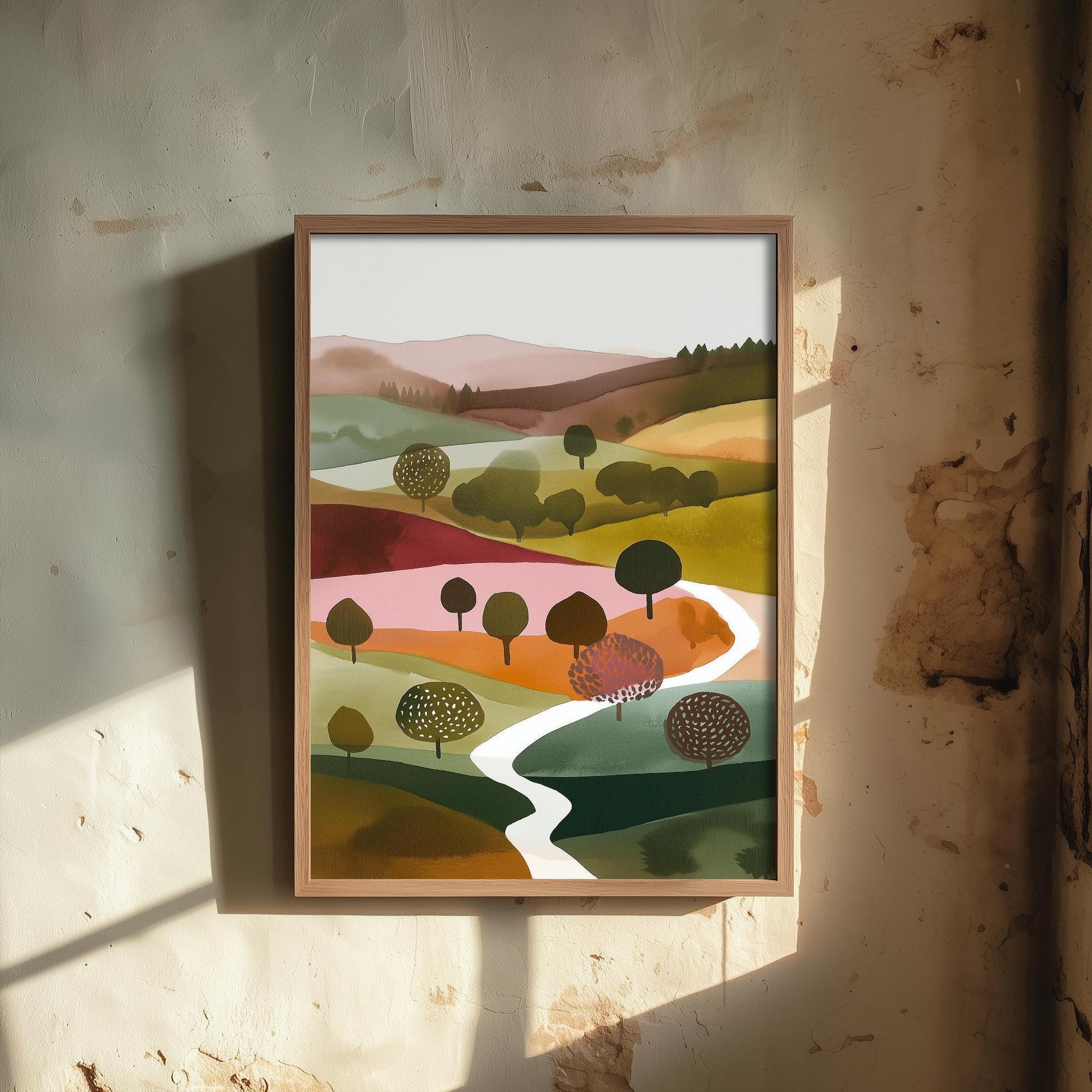 Landscape Illustration in Pink V4 - Abstract Print - Shropshire Hills Painting - Home Décor Wall Giclee 1/3