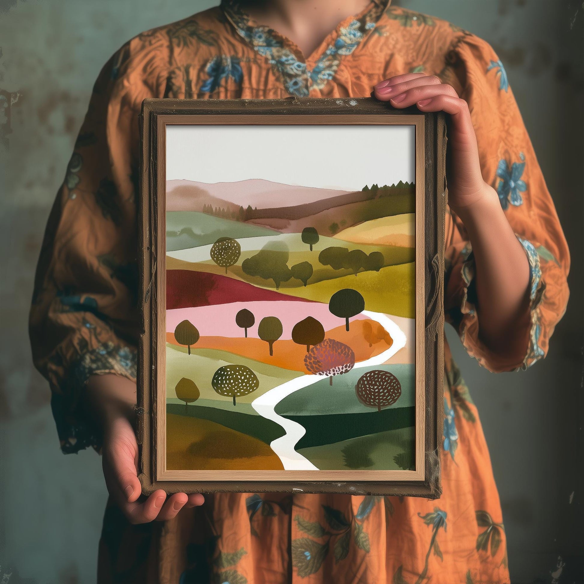 Landscape Illustration in Pink V4 - Abstract Print - Shropshire Hills Painting - Home Décor Wall Giclee 1/3