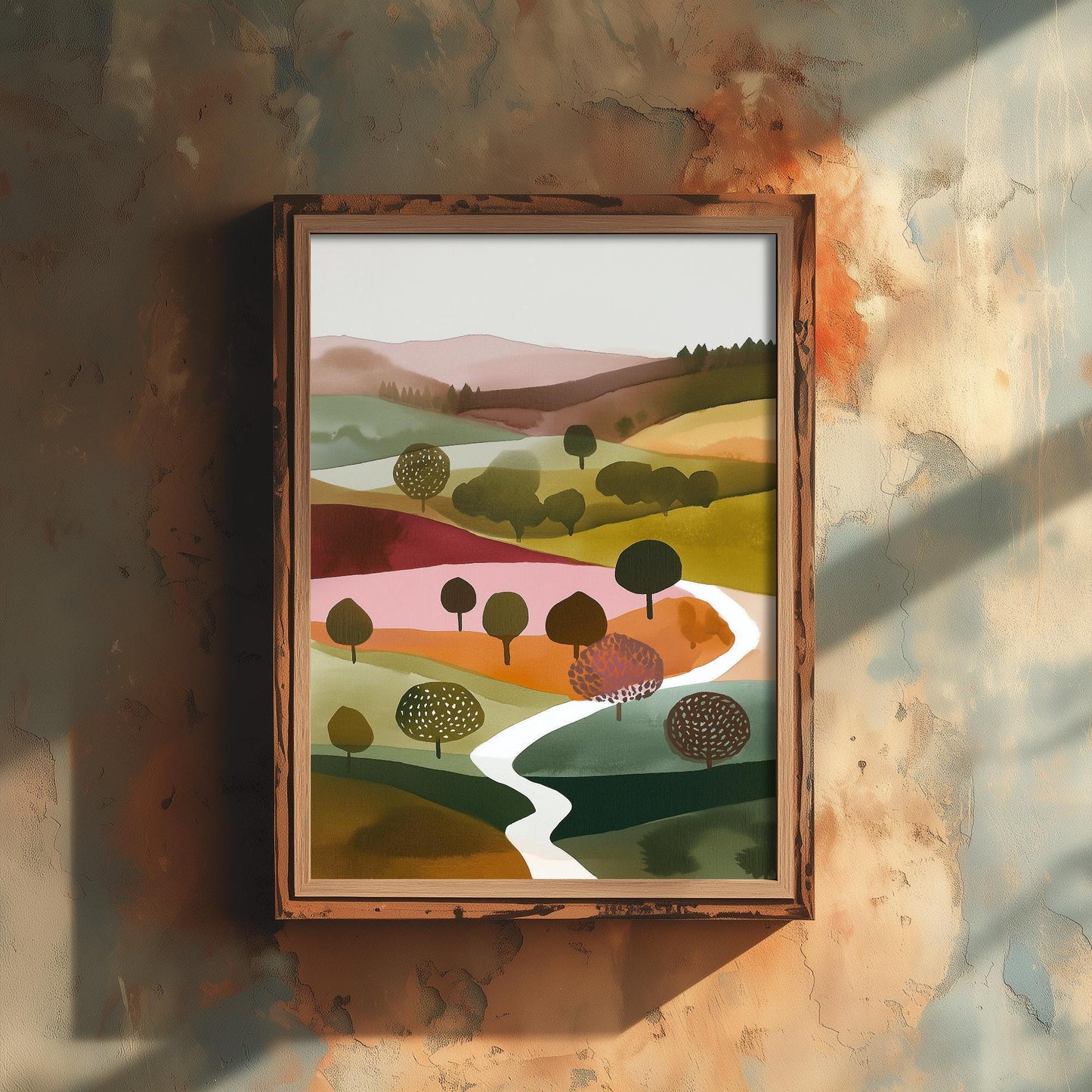 Landscape Illustration in Pink V4 - Abstract Print - Shropshire Hills Painting - Home Décor Wall Giclee 1/3