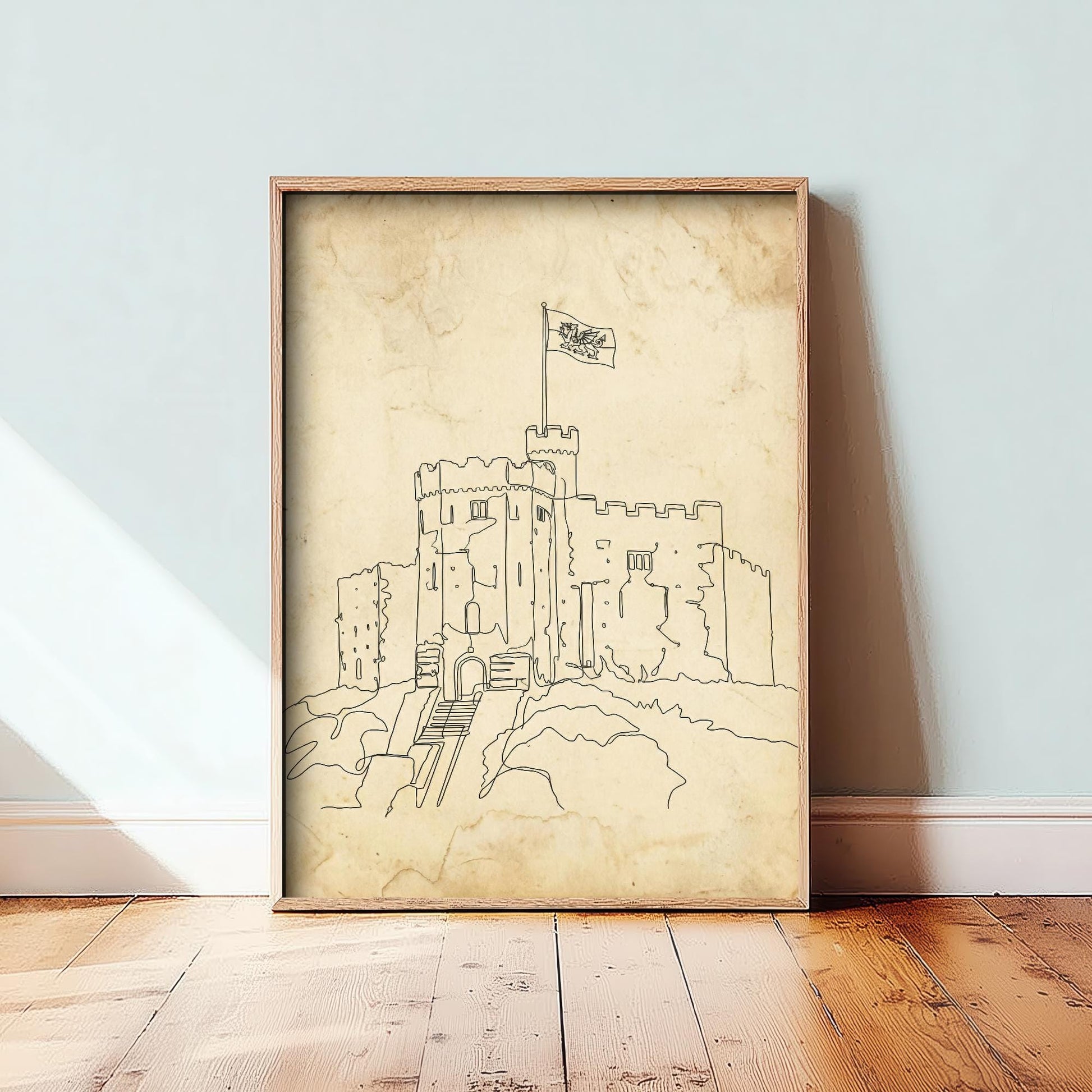 Cardiff Castle Single Line Drawing - Wales Art Print - Poster Grunge Gift Painting