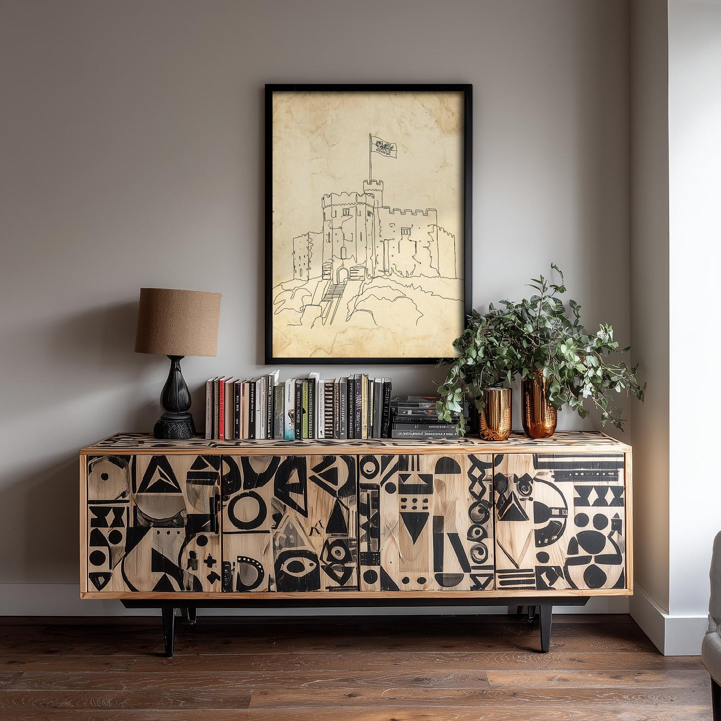 Cardiff Castle Single Line Drawing - Wales Art Print - Poster Grunge Gift Painting