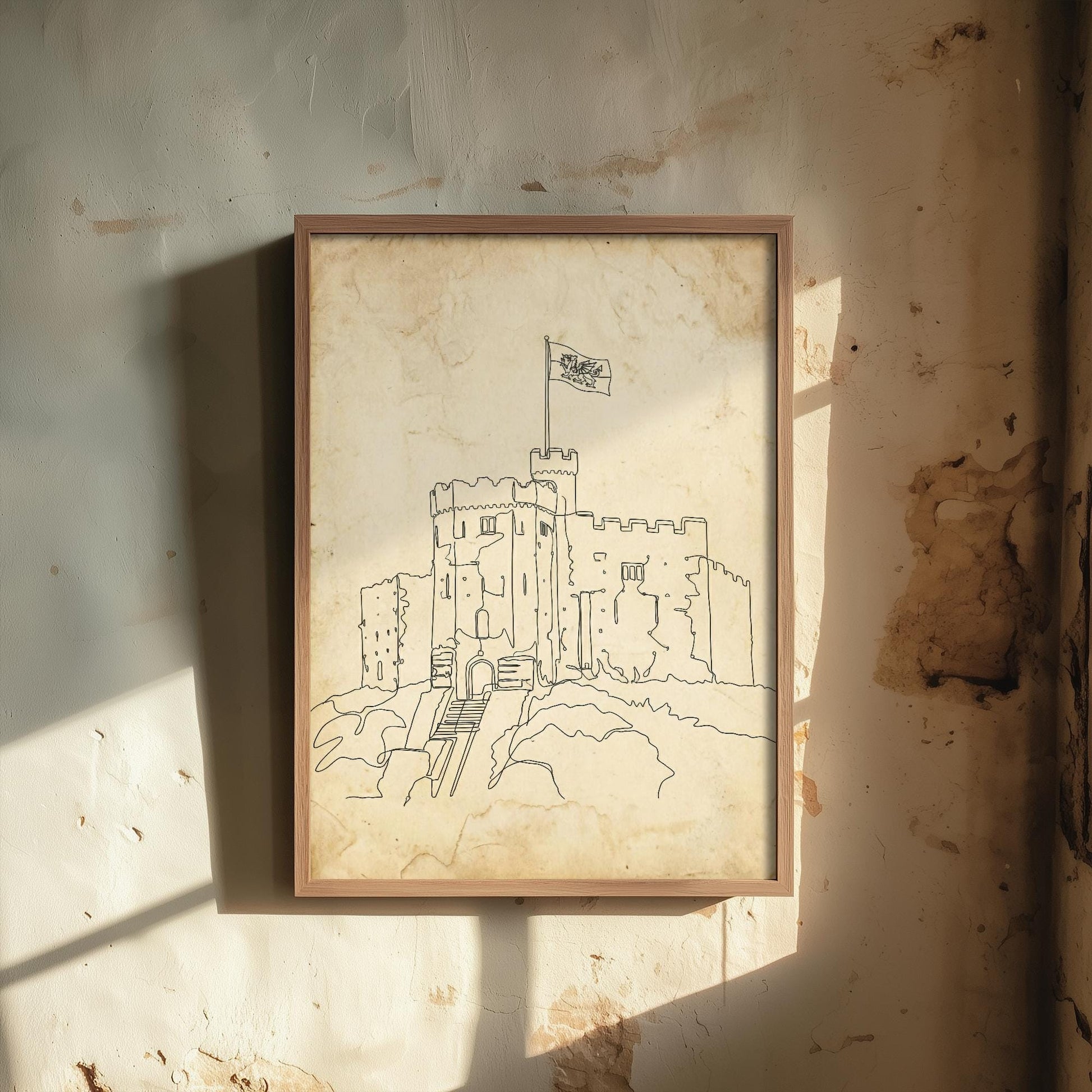 Cardiff Castle Single Line Drawing - Wales Art Print - Poster Grunge Gift Painting