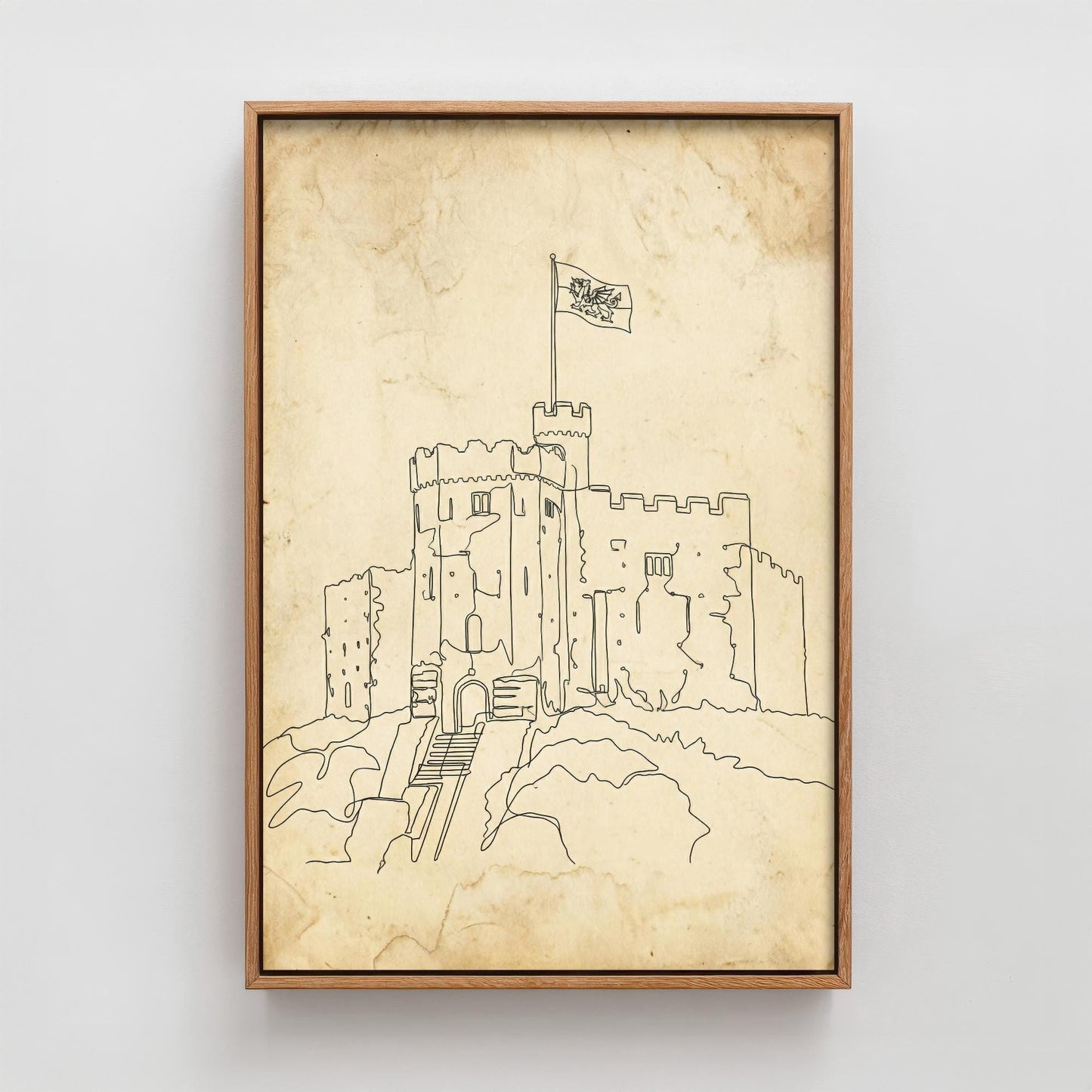 Cardiff Castle Single Line Drawing - Wales Art Print - Poster Grunge Gift Painting