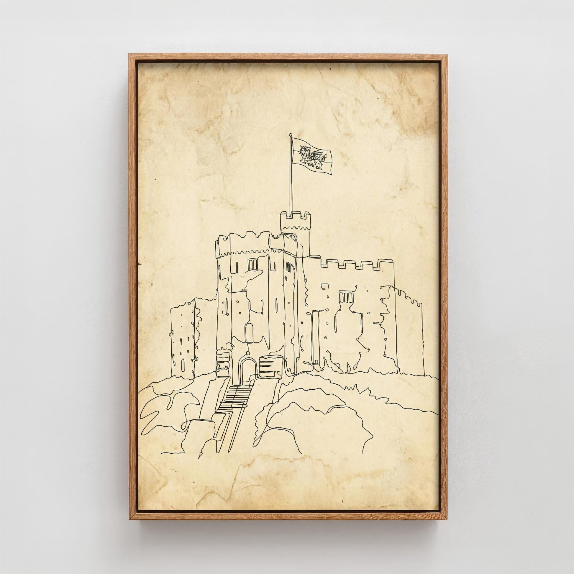 Cardiff Castle Single Line Drawing - Wales Art Print - Poster Grunge Gift Painting