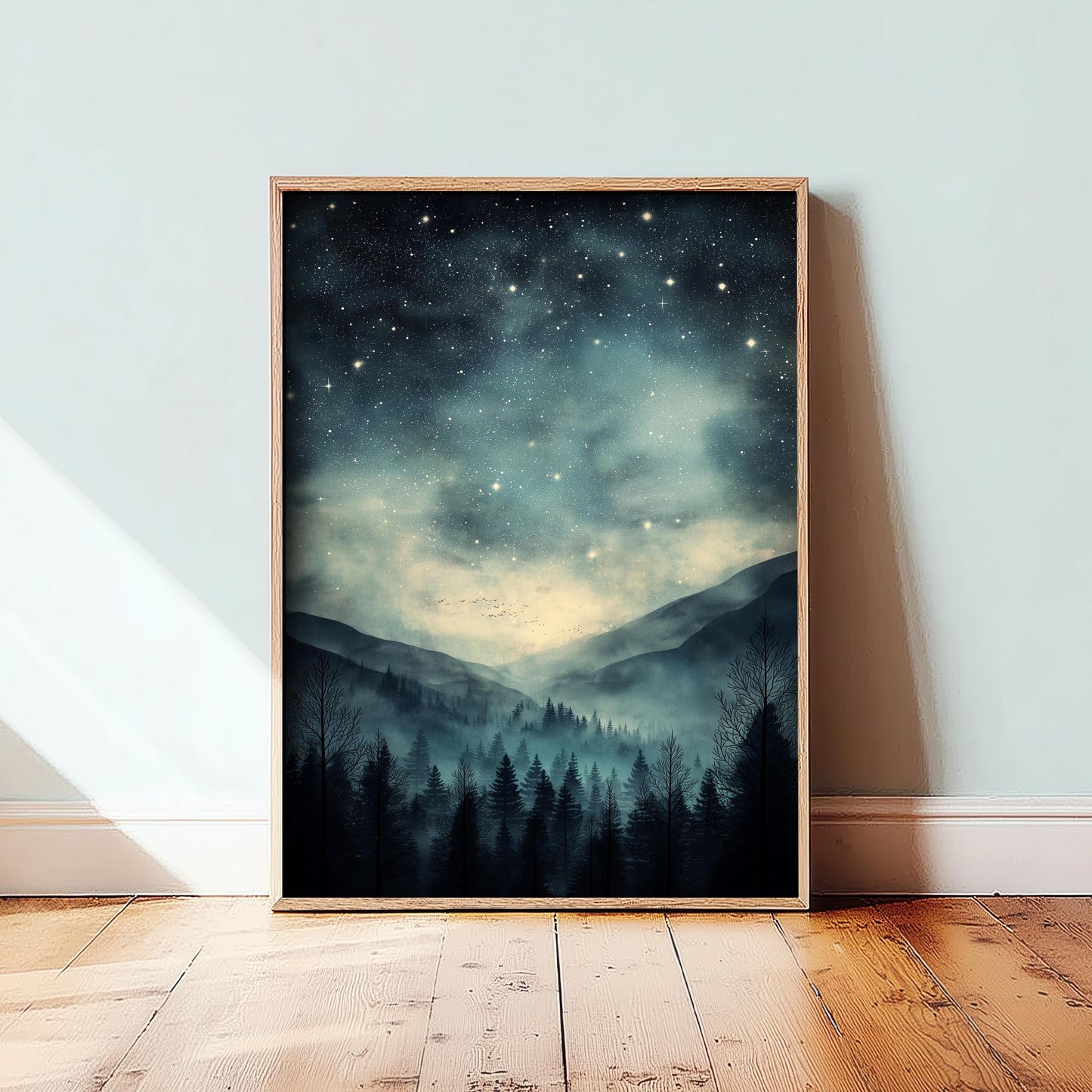 Teal Dark Night With Stars V3 Art Print - Blue Mountains Poster - Painting Illustration Home Wall Decor Misty Forest Navy 2/3