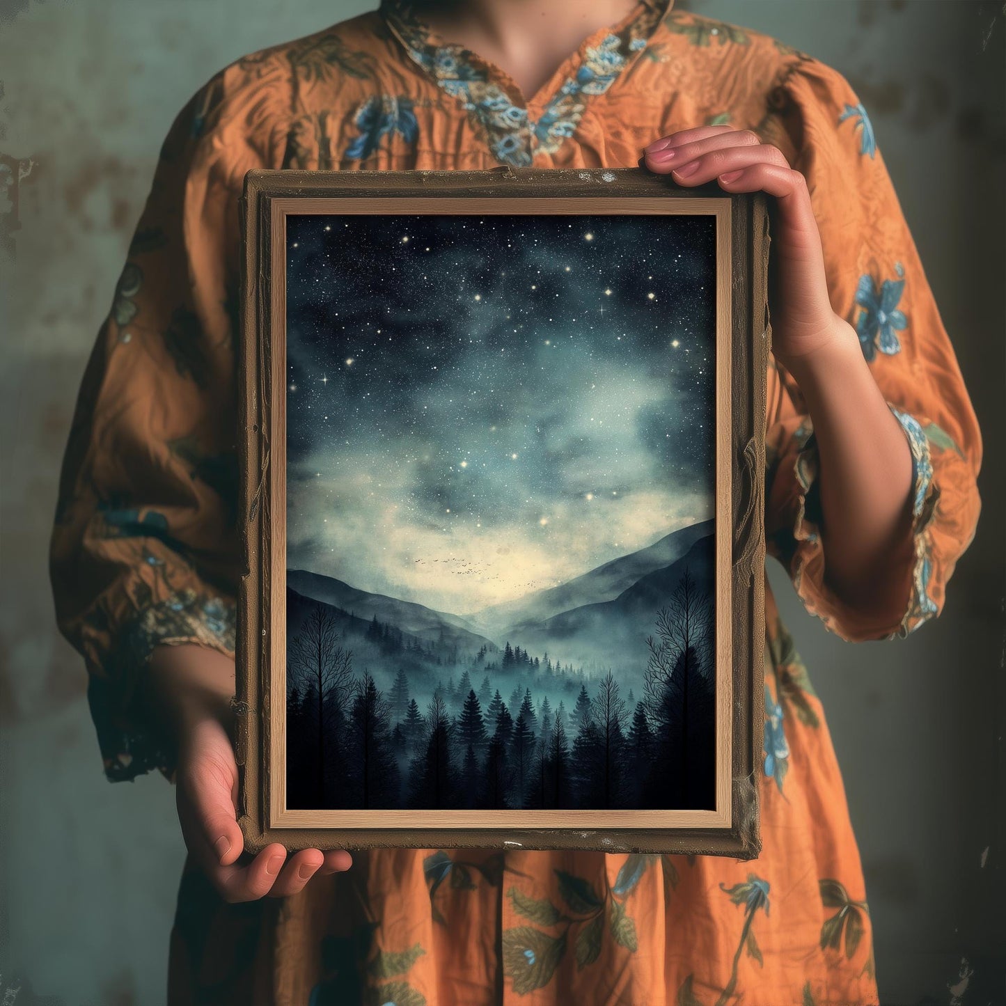 Teal Dark Night With Stars V3 Art Print - Blue Mountains Poster - Painting Illustration Home Wall Decor Misty Forest Navy 2/3