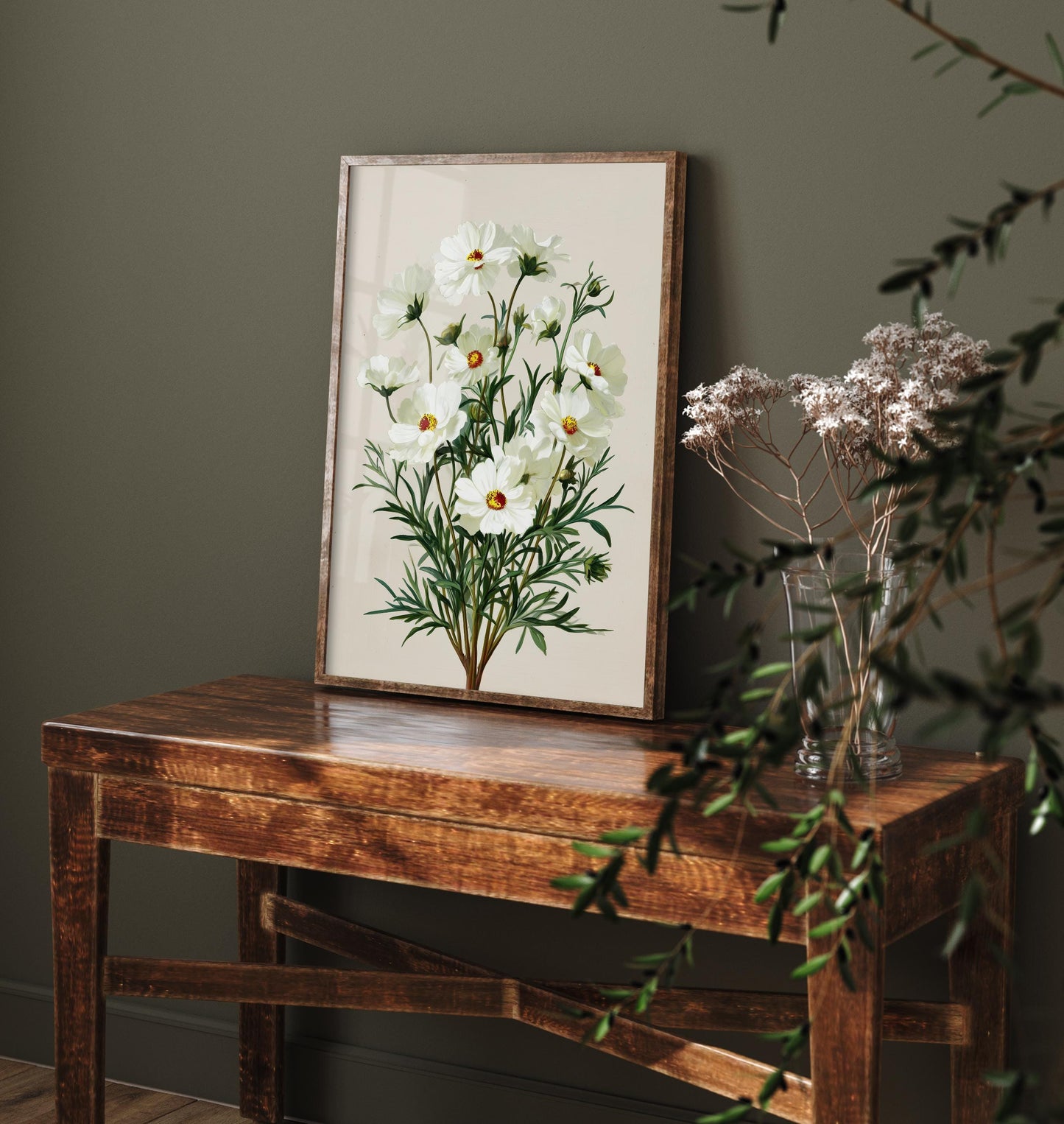 Vintage Botanical Print, Orange Sweet Alyssum Cosmos Painting, Sage Green Heritage Wall Art, Modern Floral Poster V1 3/3