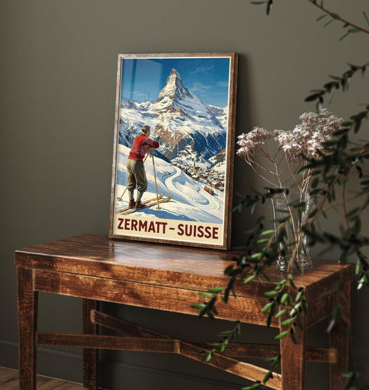 Zermatt Vintage Alpine Skiing Poster - Art Print - Winter Painting Ski Gift Mont Blanc