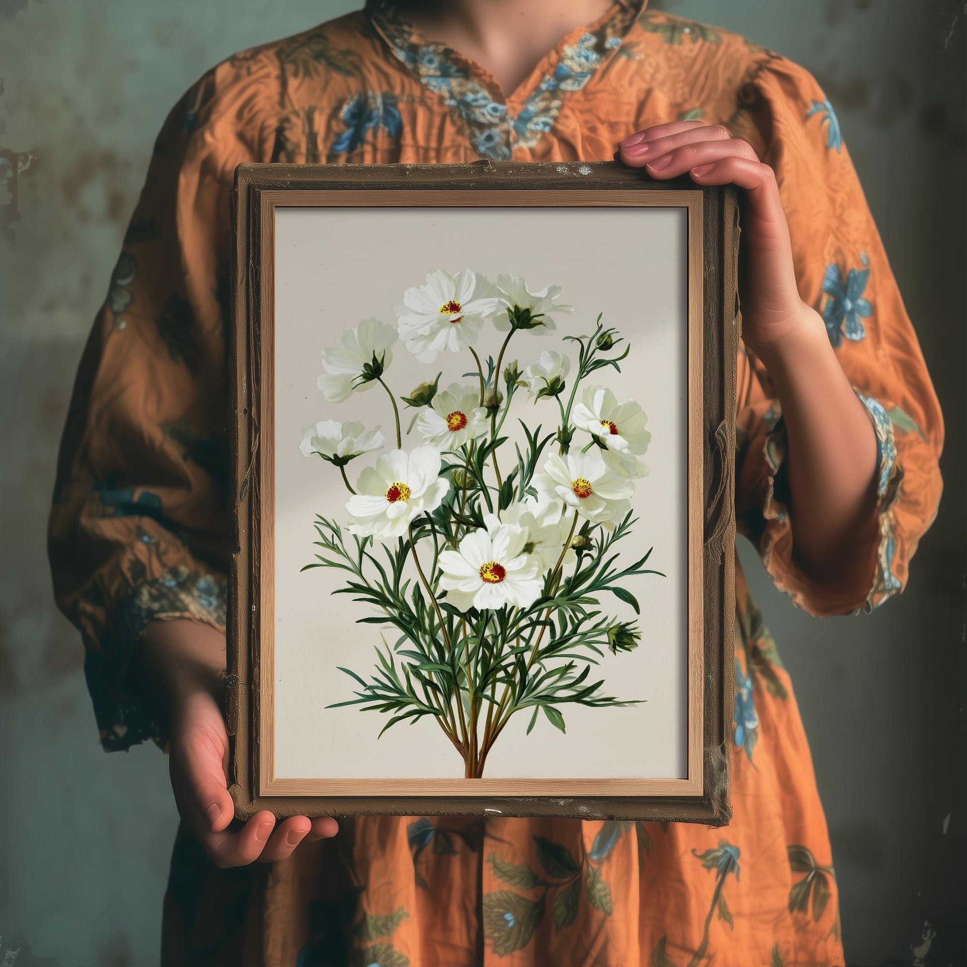 Vintage Botanical Print, Orange Sweet Alyssum Cosmos Painting, Sage Green Heritage Wall Art, Modern Floral Poster V1 3/3