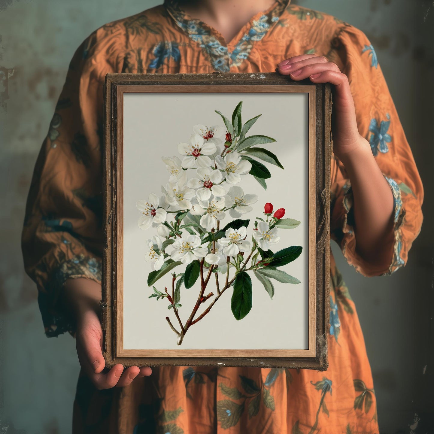 Vintage Plum Blossom Art Print, Green Poster Painting, Red Berry Heritage Wall Art 2026 V2 1/3