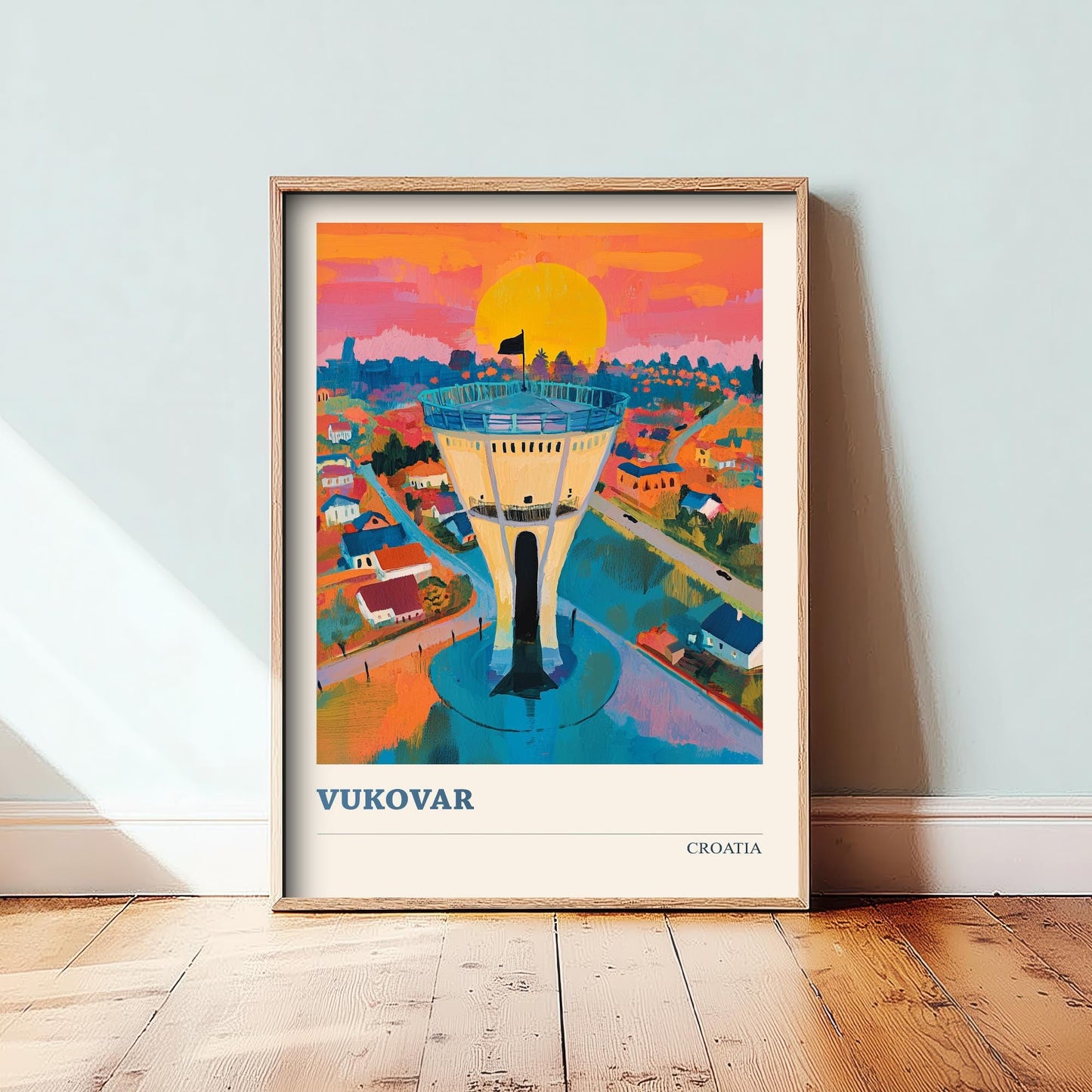 Medugorje, Croatia Travel Poster - Modern Art Print - Photo Painting Illustration Gift Map Water Tower