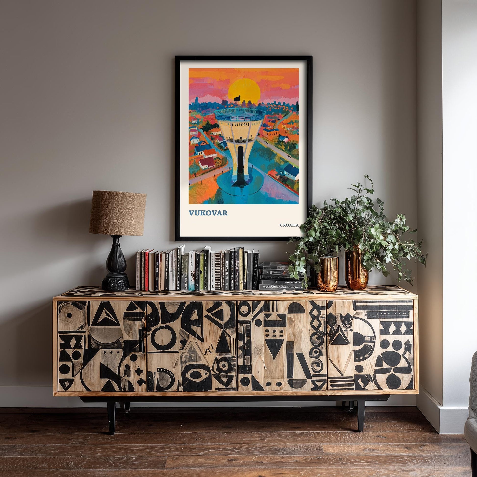 Medugorje, Croatia Travel Poster - Modern Art Print - Photo Painting Illustration Gift Map Water Tower