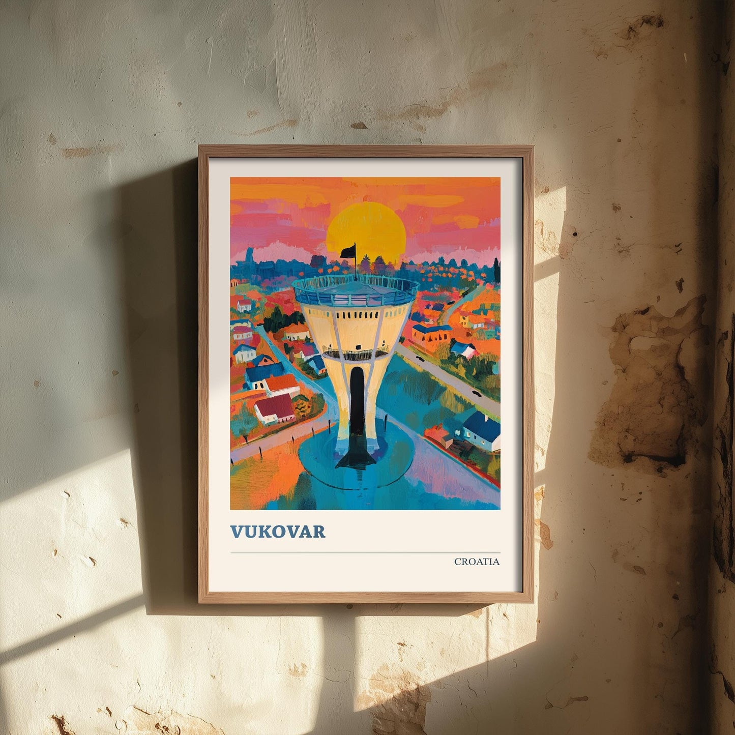 Medugorje, Croatia Travel Poster - Modern Art Print - Photo Painting Illustration Gift Map Water Tower