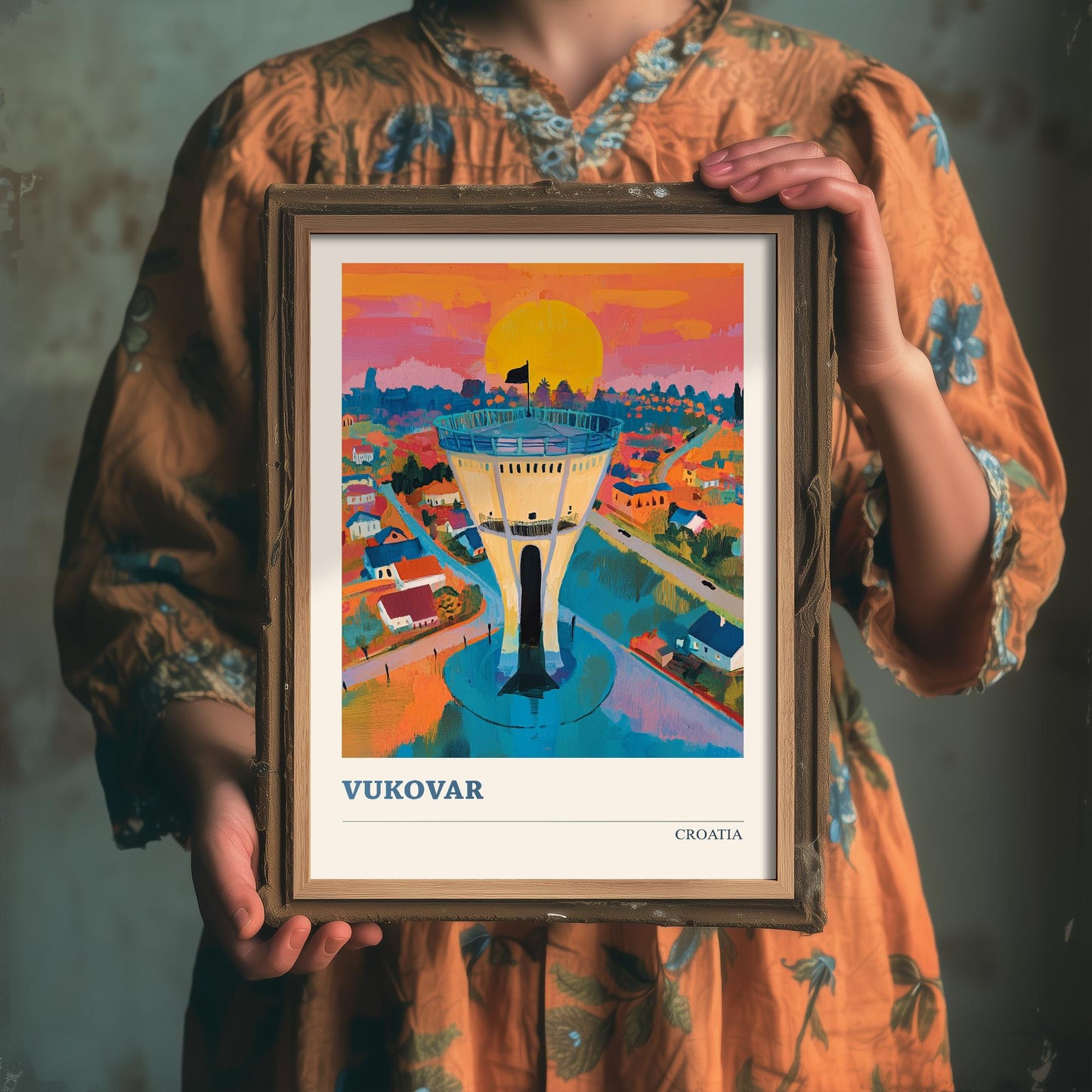 Medugorje, Croatia Travel Poster - Modern Art Print - Photo Painting Illustration Gift Map Water Tower