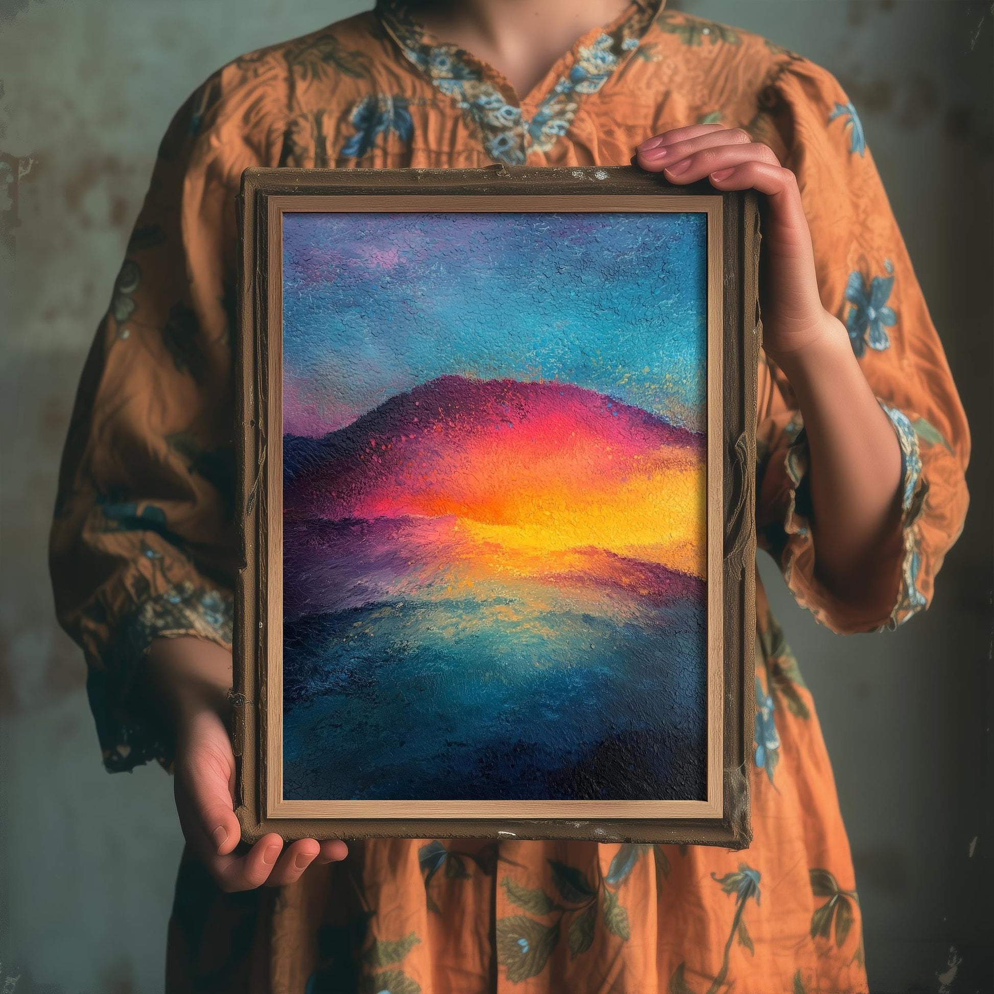 Scafell Pike Art Print | Glowing Red Peak Sunset Mountain Poster | Radiant Chalk Pastel Lake District Painting Wall Decor 3/3