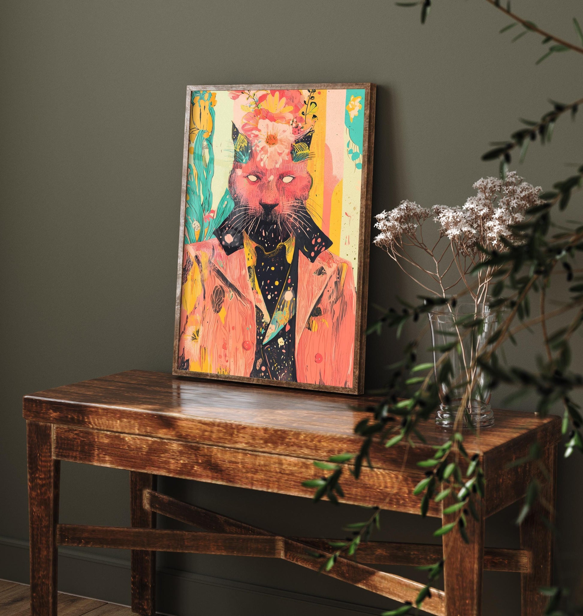 Feral Floral Cat Art Print V1 - Pink Cat Flower Crown Poster - Bold Colourful Woodcut Collage Painting Animals in Clothes Gift 2/3