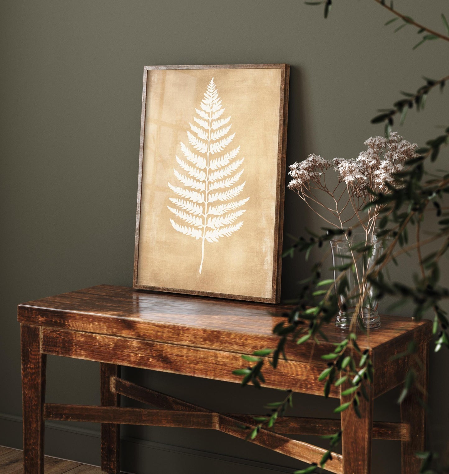 White Fern Stencil Art Print - Large Fern Golden Amber Botanical Poster - Neutral Brown Simple Decor Painting Nature Japandi Neutral 2/3