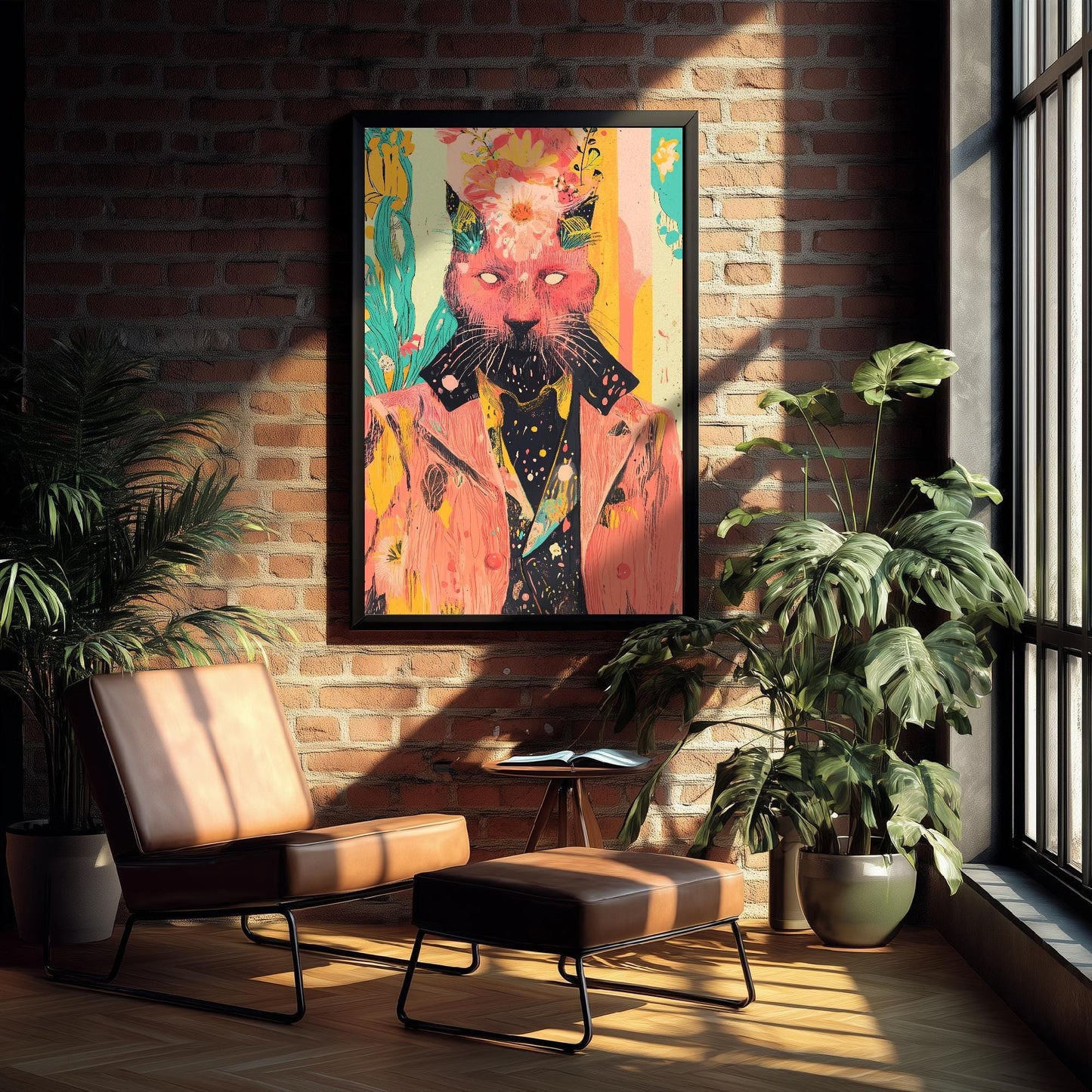 Feral Floral Cat Art Print V1 - Pink Cat Flower Crown Poster - Bold Colourful Woodcut Collage Painting Animals in Clothes Gift 2/3