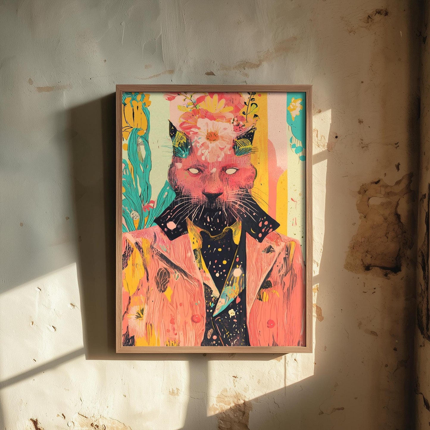 Feral Floral Cat Art Print V1 - Pink Cat Flower Crown Poster - Bold Colourful Woodcut Collage Painting Animals in Clothes Gift 2/3