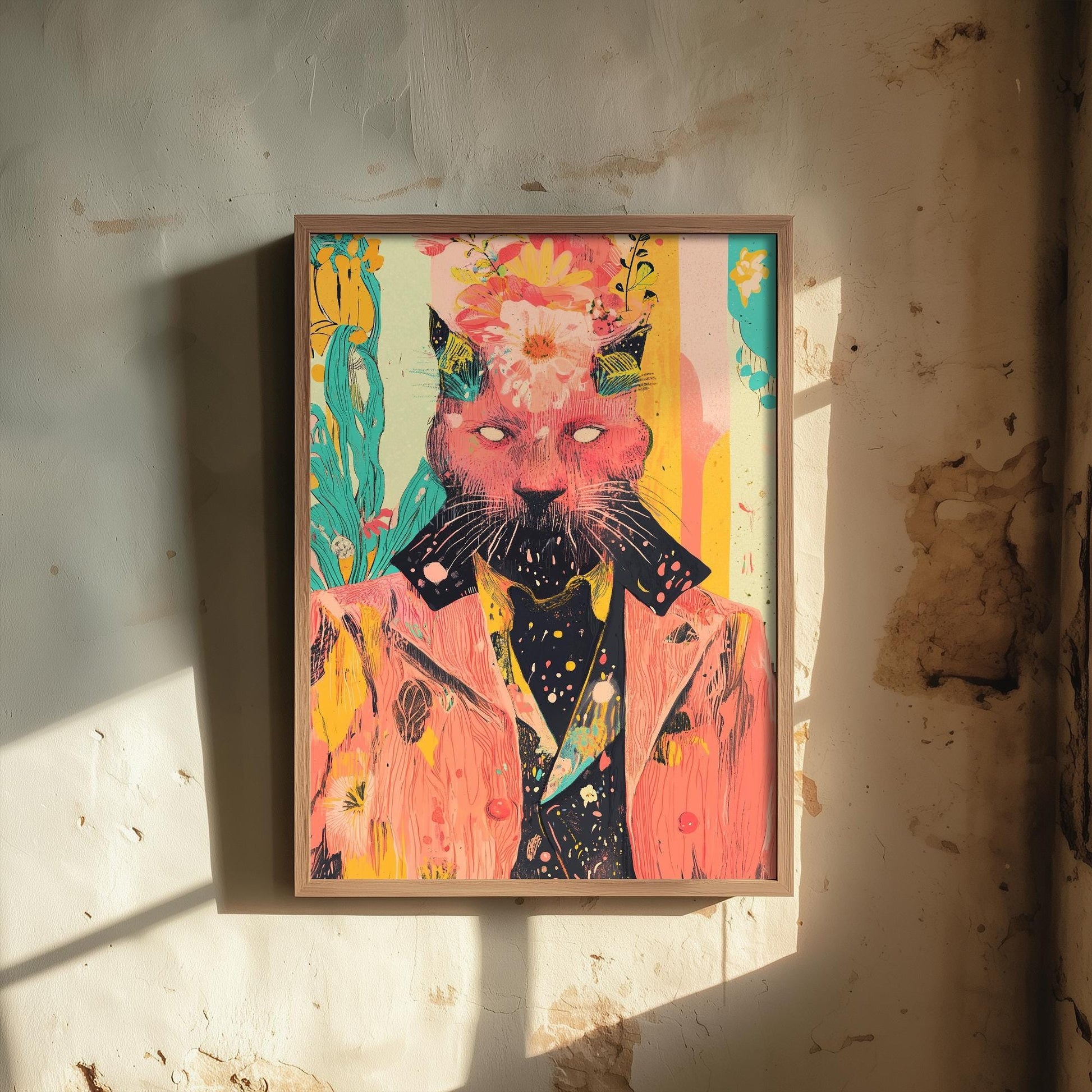 Feral Floral Cat Art Print V1 - Pink Cat Flower Crown Poster - Bold Colourful Woodcut Collage Painting Animals in Clothes Gift 2/3