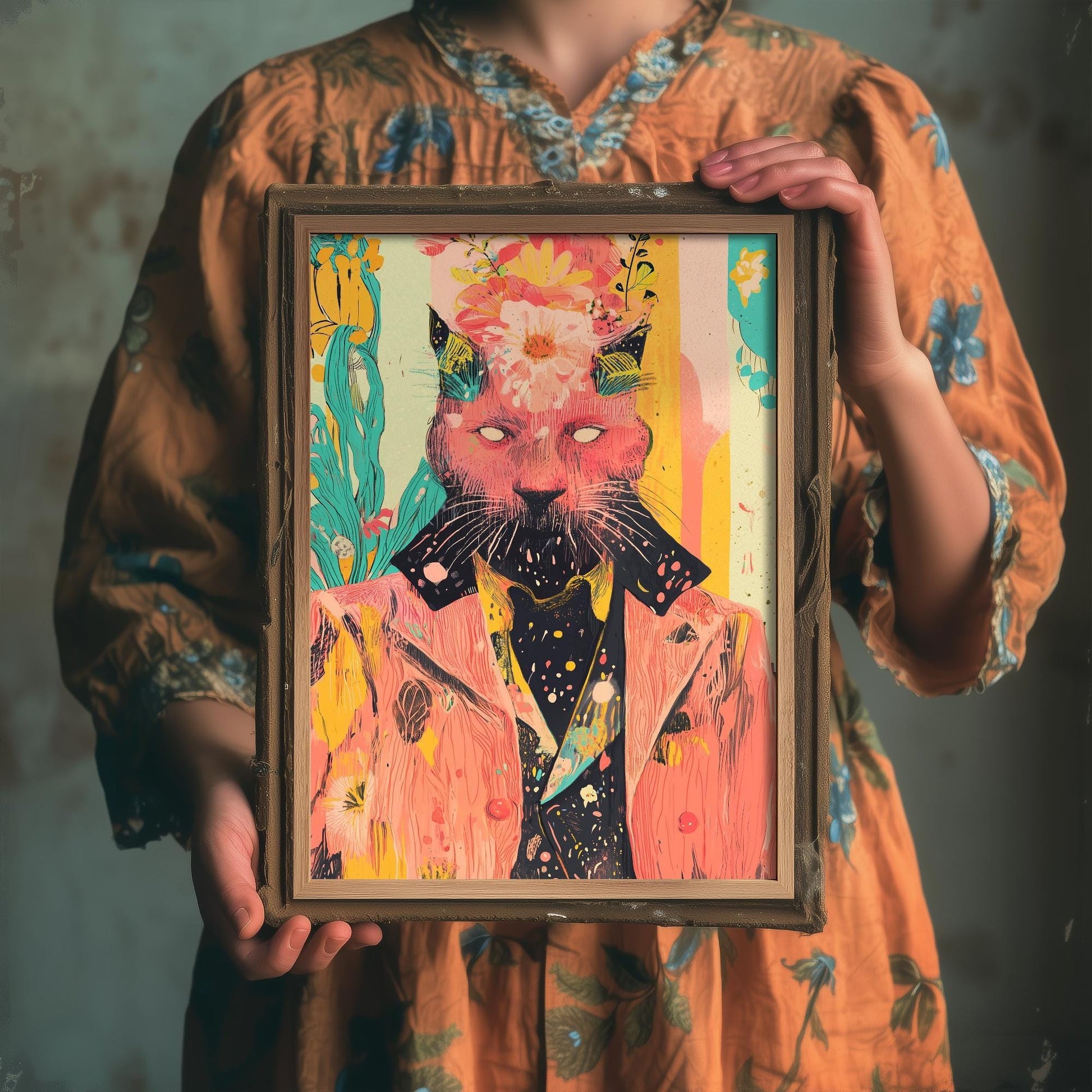 Feral Floral Cat Art Print V1 - Pink Cat Flower Crown Poster - Bold Colourful Woodcut Collage Painting Animals in Clothes Gift 2/3