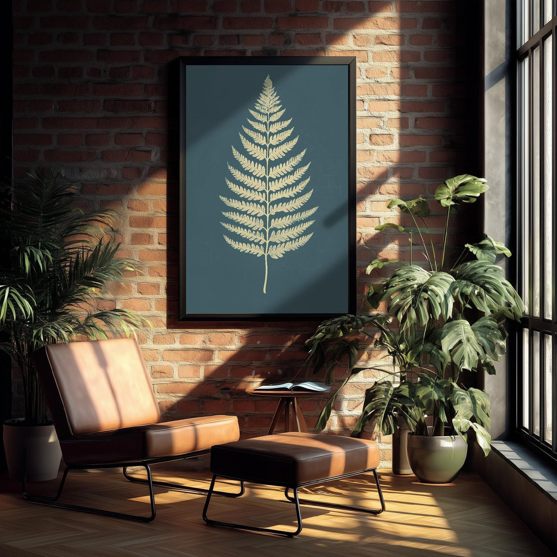 Feral Floral Fern Art Print V3 - Cream Fern Teal Background Poster - Bold Colourful Woodcut Collage Painting Nature Japandi Neutral 1/3