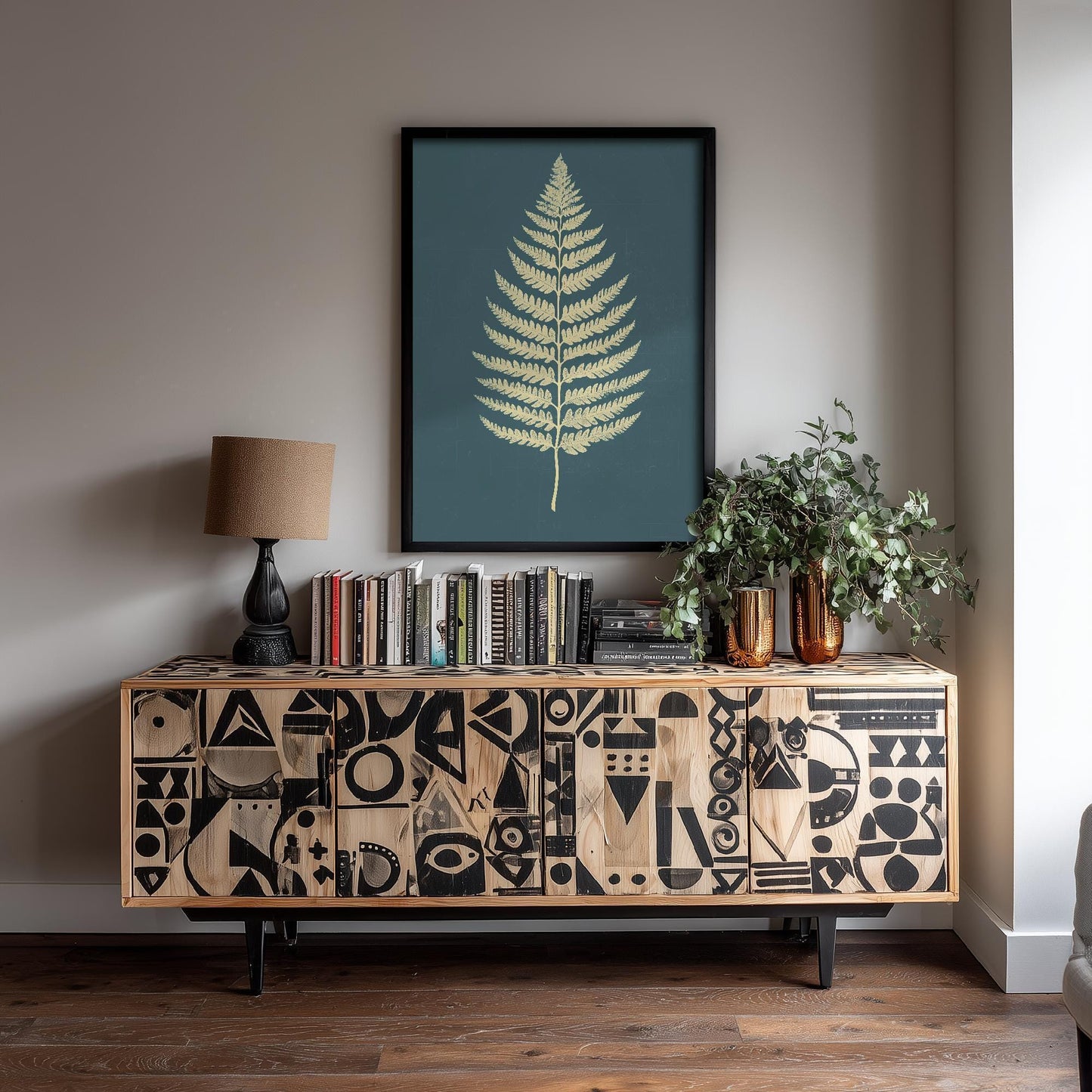 Feral Floral Fern Art Print V3 - Cream Fern Teal Background Poster - Bold Colourful Woodcut Collage Painting Nature Japandi Neutral 1/3