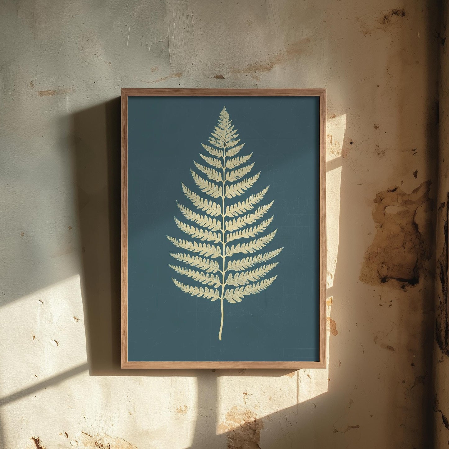 Feral Floral Fern Art Print V3 - Cream Fern Teal Background Poster - Bold Colourful Woodcut Collage Painting Nature Japandi Neutral 1/3