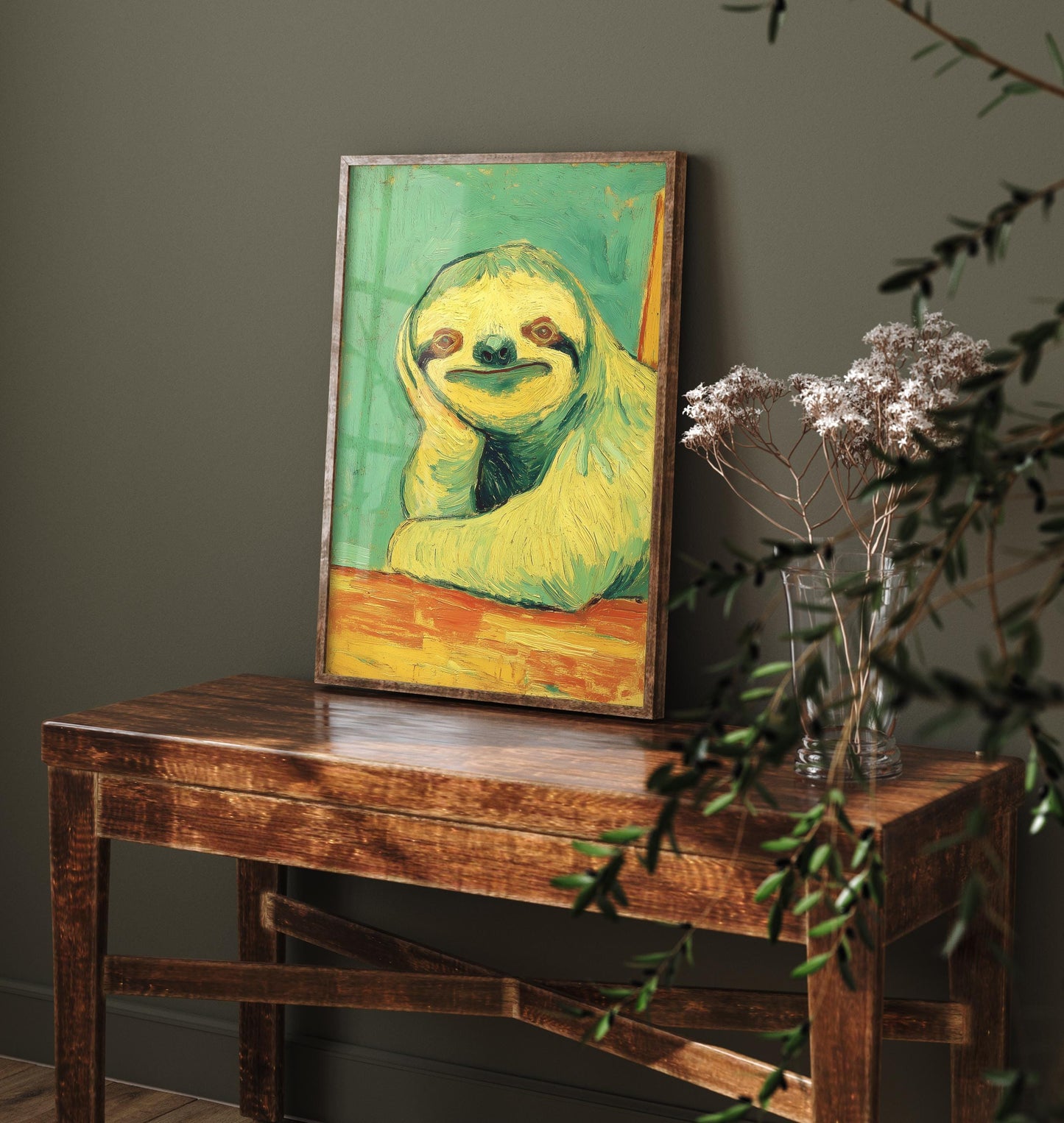 Lazy Animals Art Print | Sloth Portrait Van Gogh Style Poster | Humorous Green Yellow Painting Wall Decor Gift 1/3